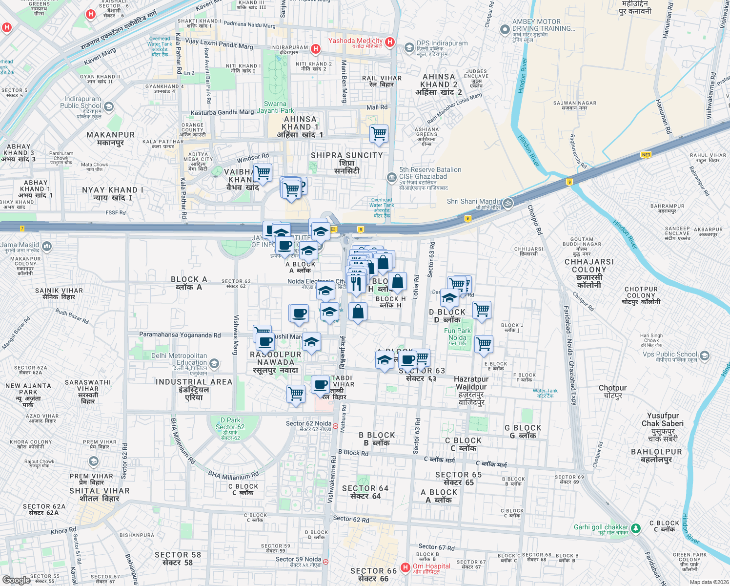 map of restaurants, bars, coffee shops, grocery stores, and more near in Noida