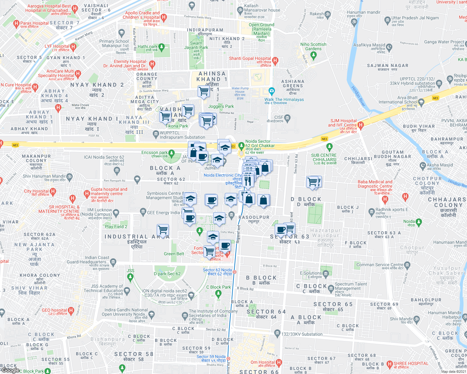 map of restaurants, bars, coffee shops, grocery stores, and more near in Noida