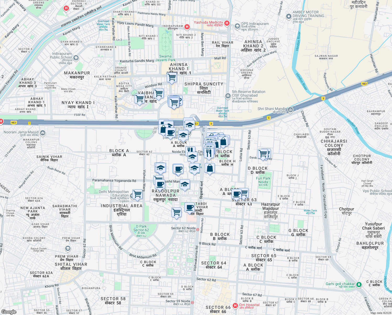 map of restaurants, bars, coffee shops, grocery stores, and more near in Noida