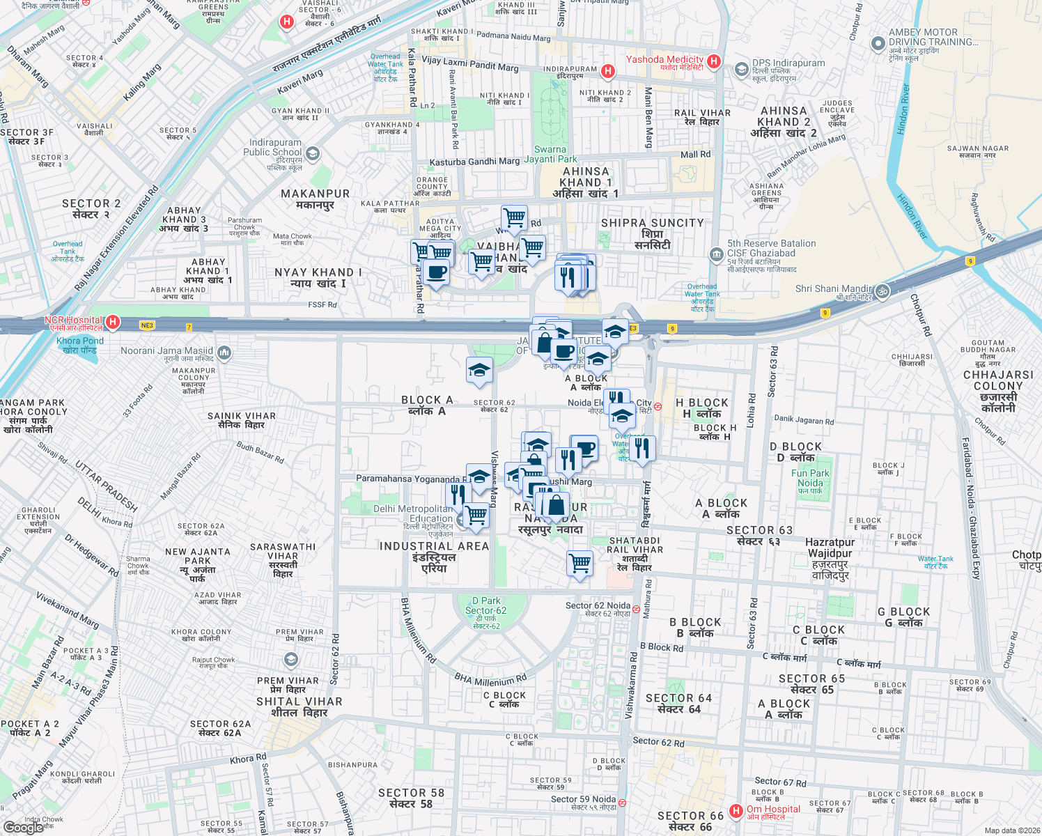 map of restaurants, bars, coffee shops, grocery stores, and more near Rani Ramgarh Road in Noida