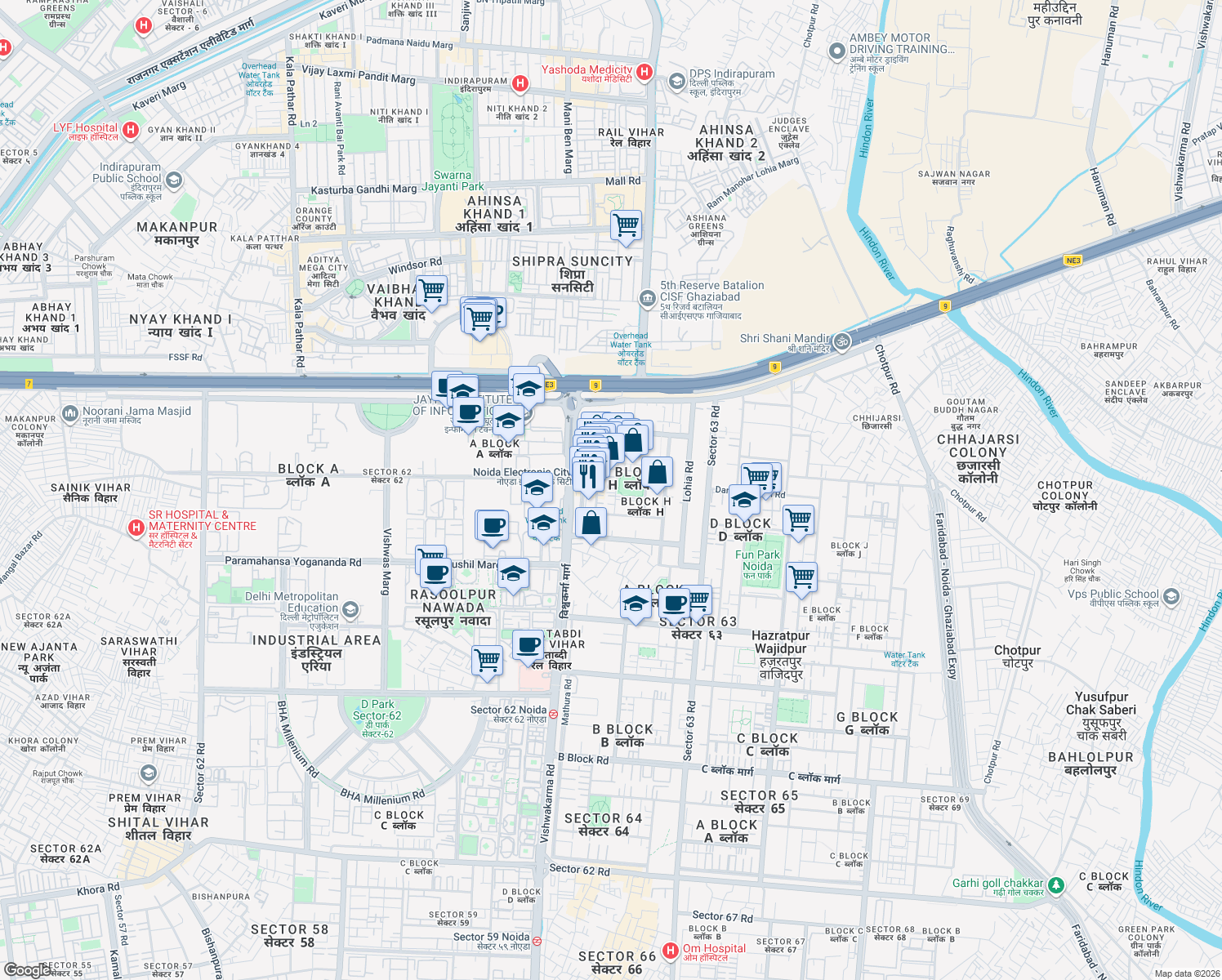 map of restaurants, bars, coffee shops, grocery stores, and more near in Noida