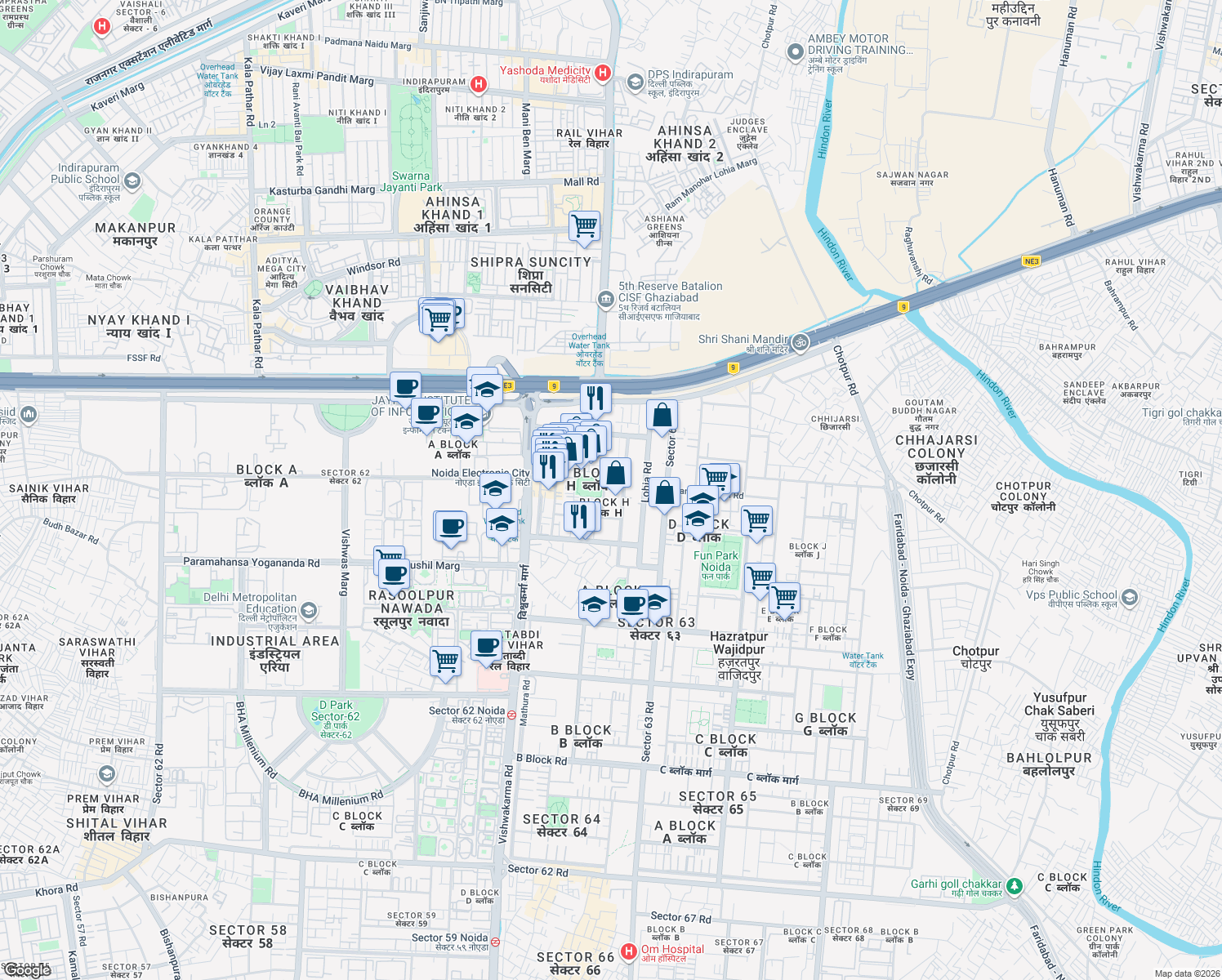map of restaurants, bars, coffee shops, grocery stores, and more near in Noida