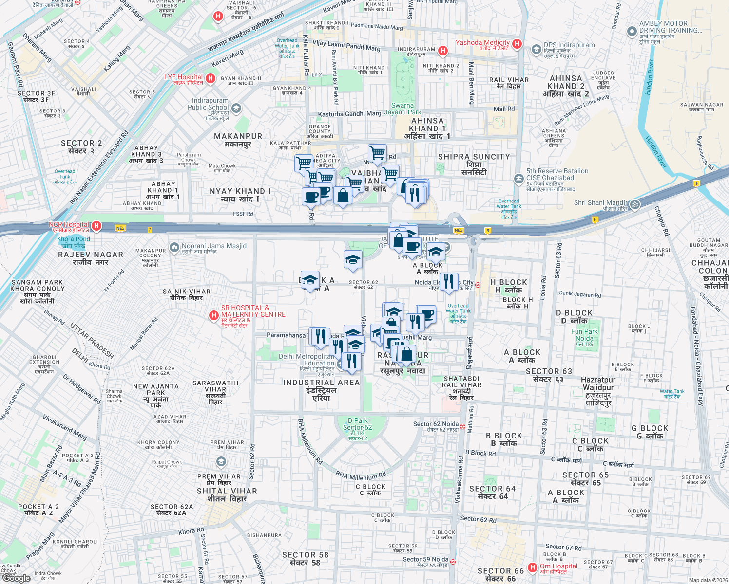 map of restaurants, bars, coffee shops, grocery stores, and more near in Noida