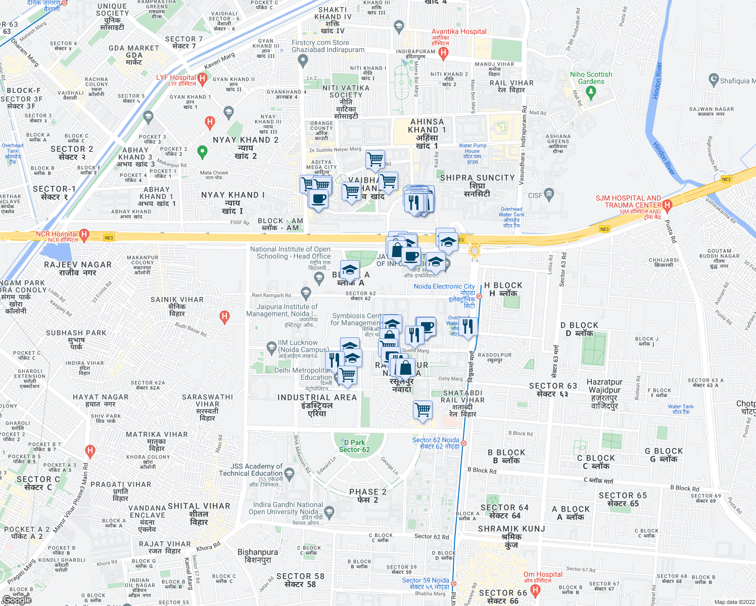 map of restaurants, bars, coffee shops, grocery stores, and more near Rani Ramgarh Road in Noida