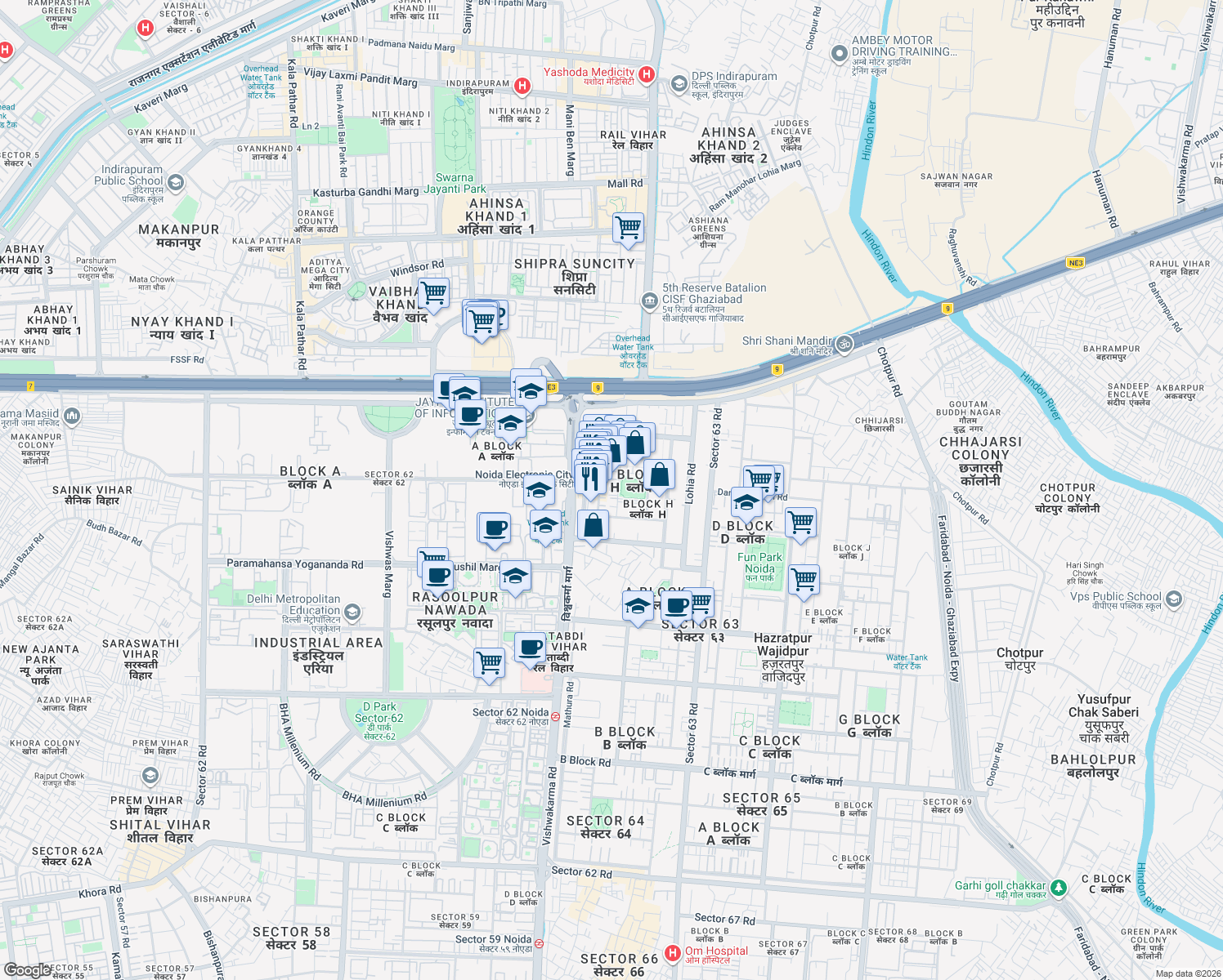 map of restaurants, bars, coffee shops, grocery stores, and more near in Noida