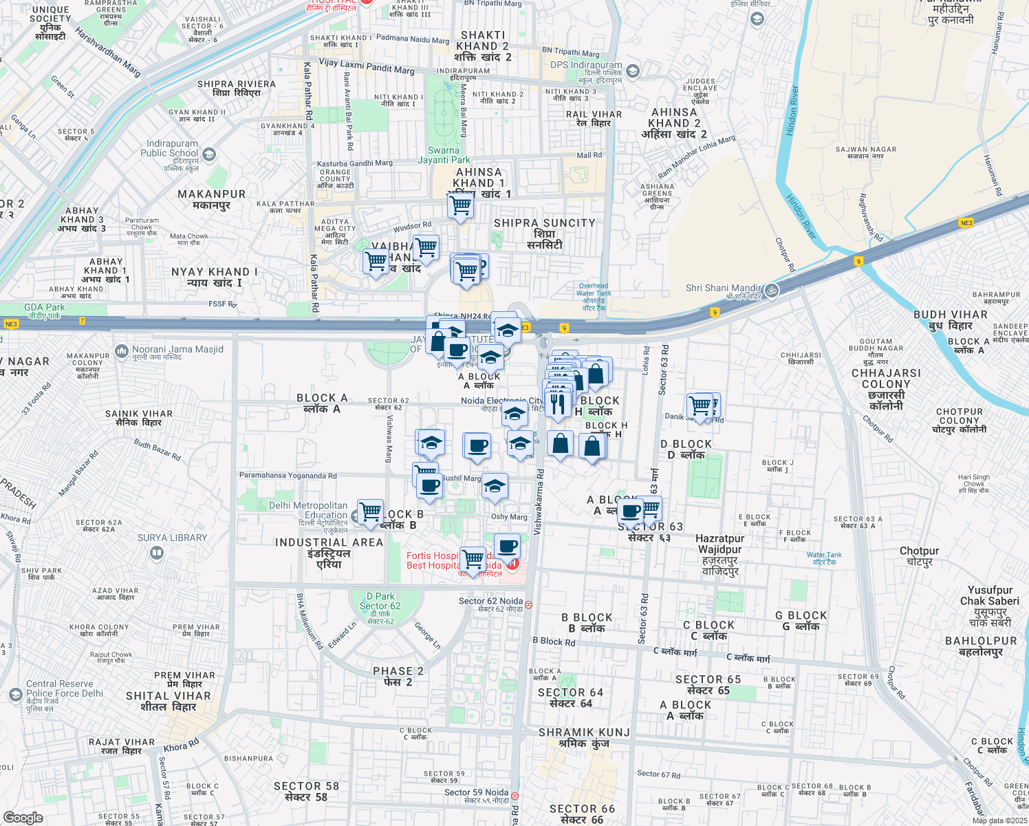 map of restaurants, bars, coffee shops, grocery stores, and more near in Noida