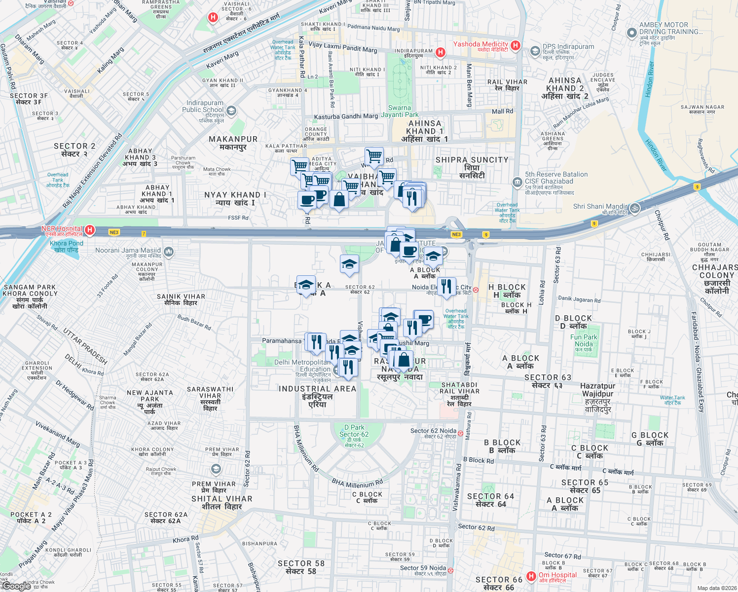 map of restaurants, bars, coffee shops, grocery stores, and more near in Noida