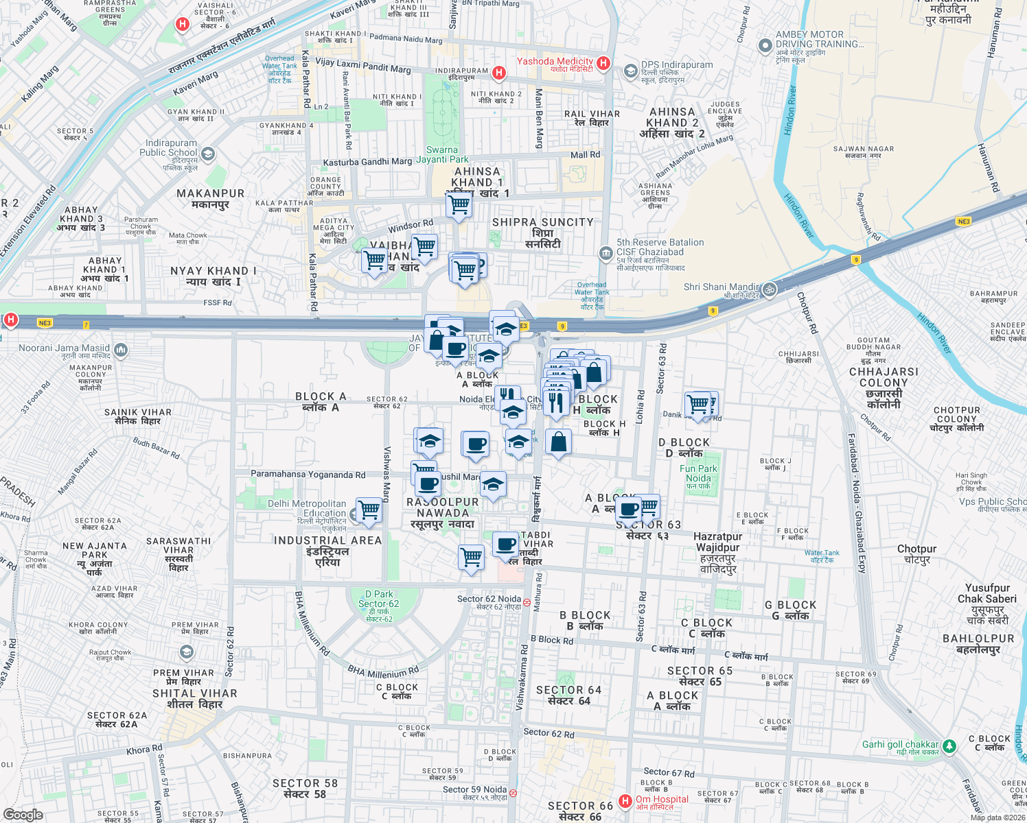 map of restaurants, bars, coffee shops, grocery stores, and more near in Noida