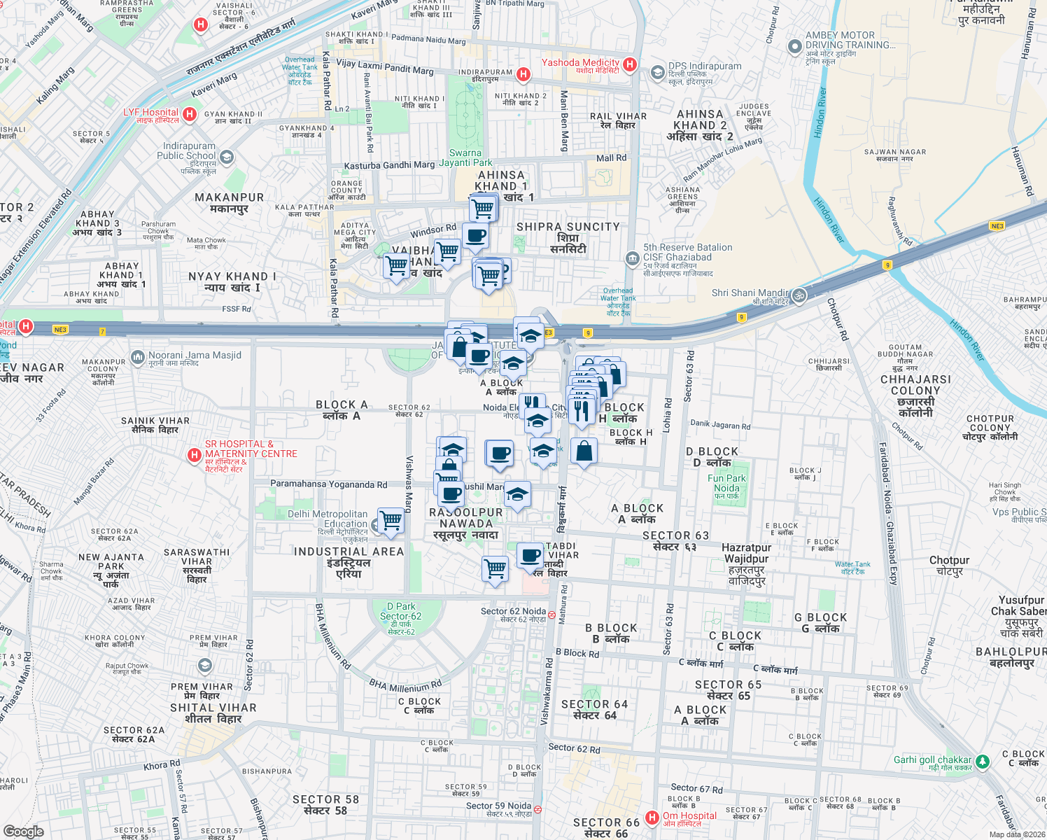map of restaurants, bars, coffee shops, grocery stores, and more near in Noida