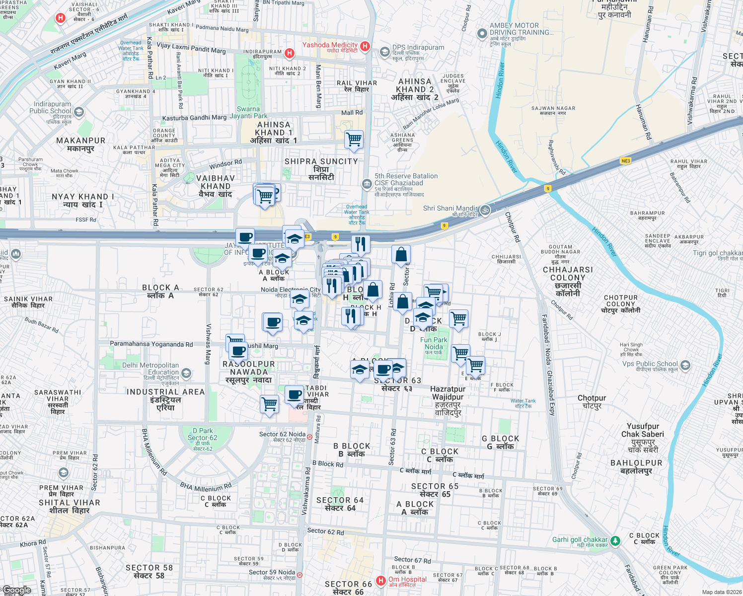 map of restaurants, bars, coffee shops, grocery stores, and more near in Noida