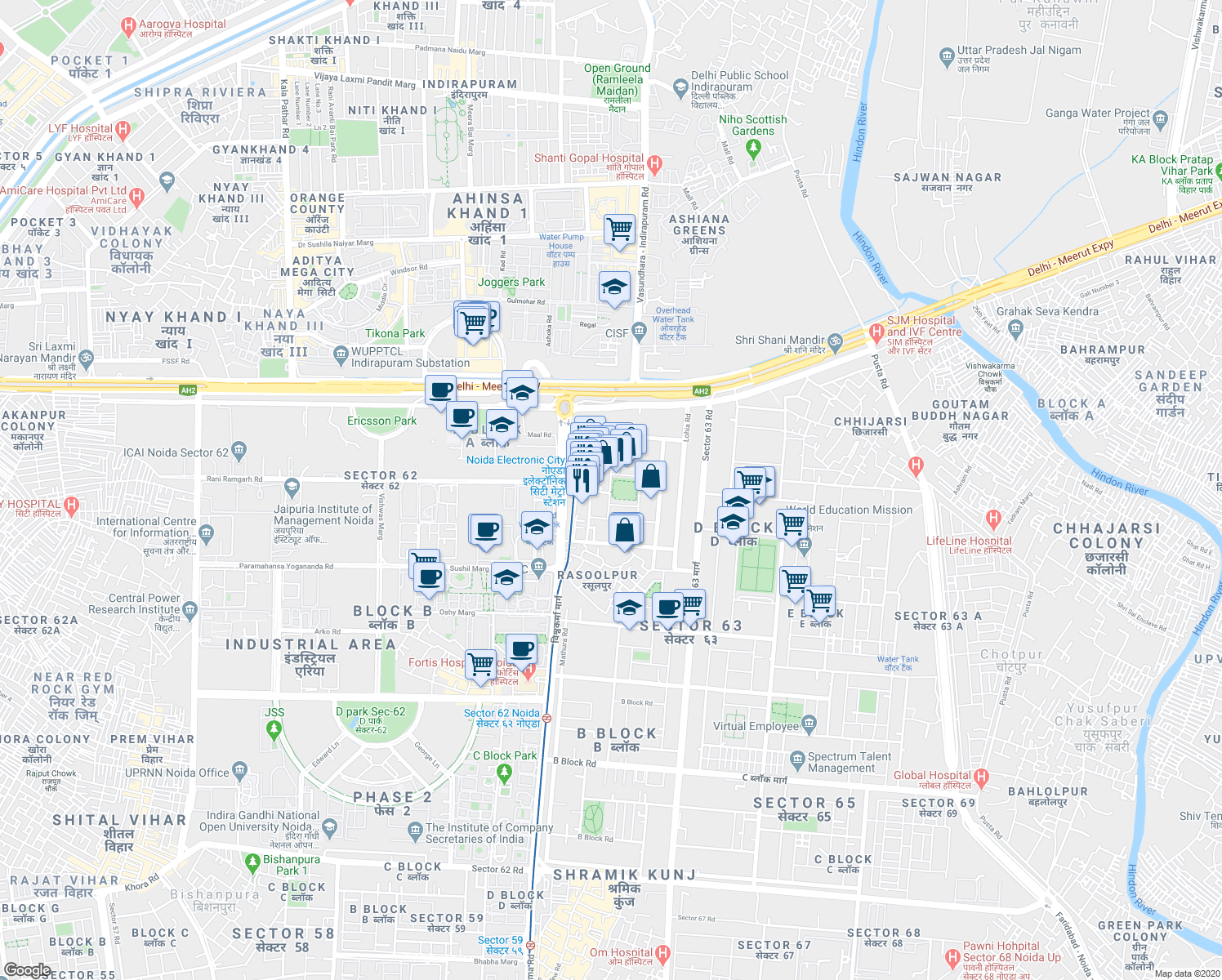 map of restaurants, bars, coffee shops, grocery stores, and more near Unnamed Road in Noida