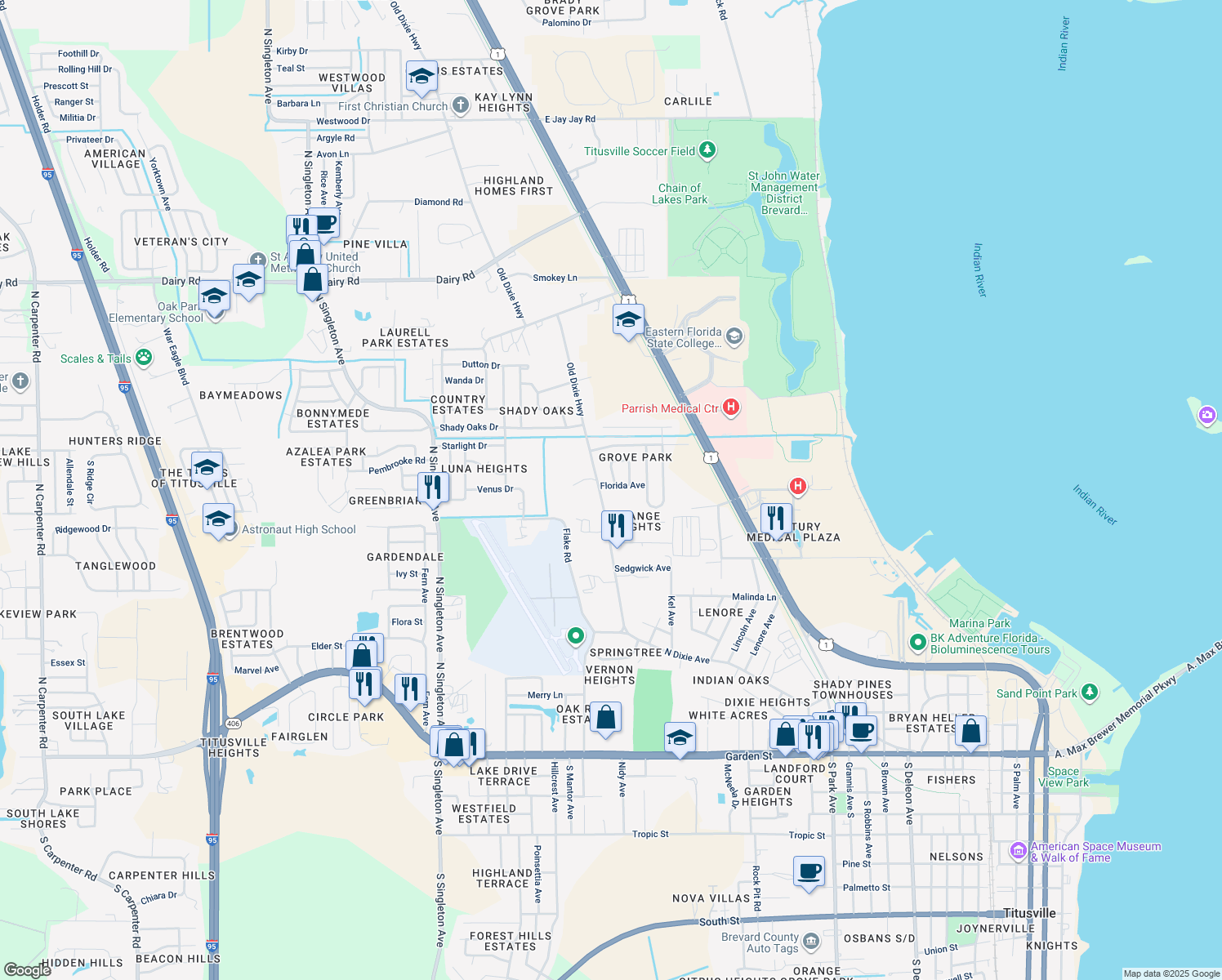 map of restaurants, bars, coffee shops, grocery stores, and more near 2375 Florida Avenue in Titusville