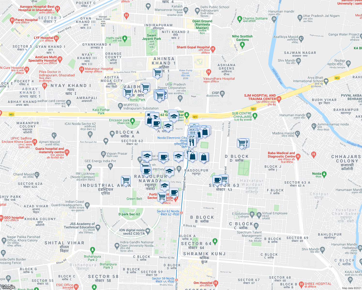 map of restaurants, bars, coffee shops, grocery stores, and more near in Noida