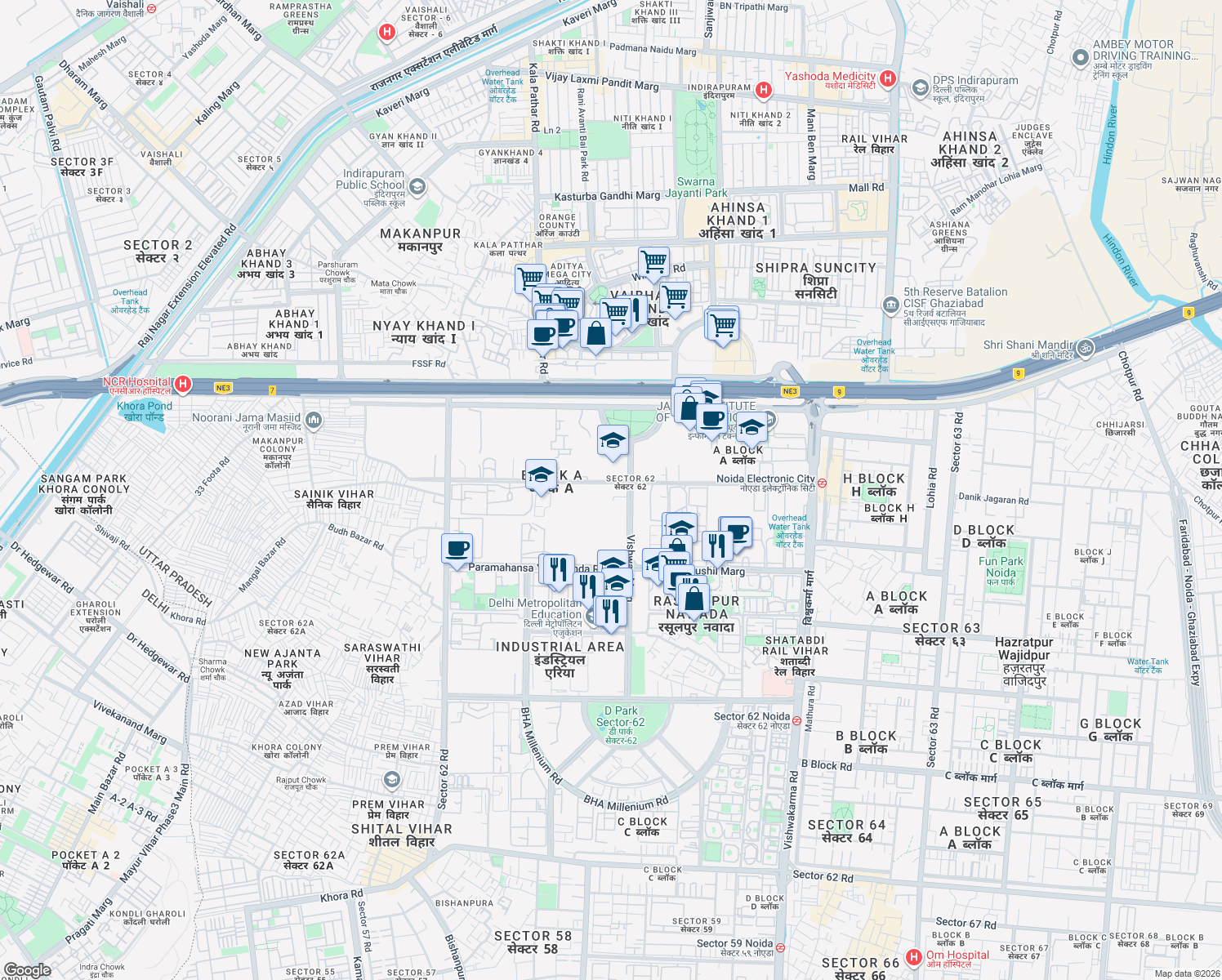 map of restaurants, bars, coffee shops, grocery stores, and more near in Noida