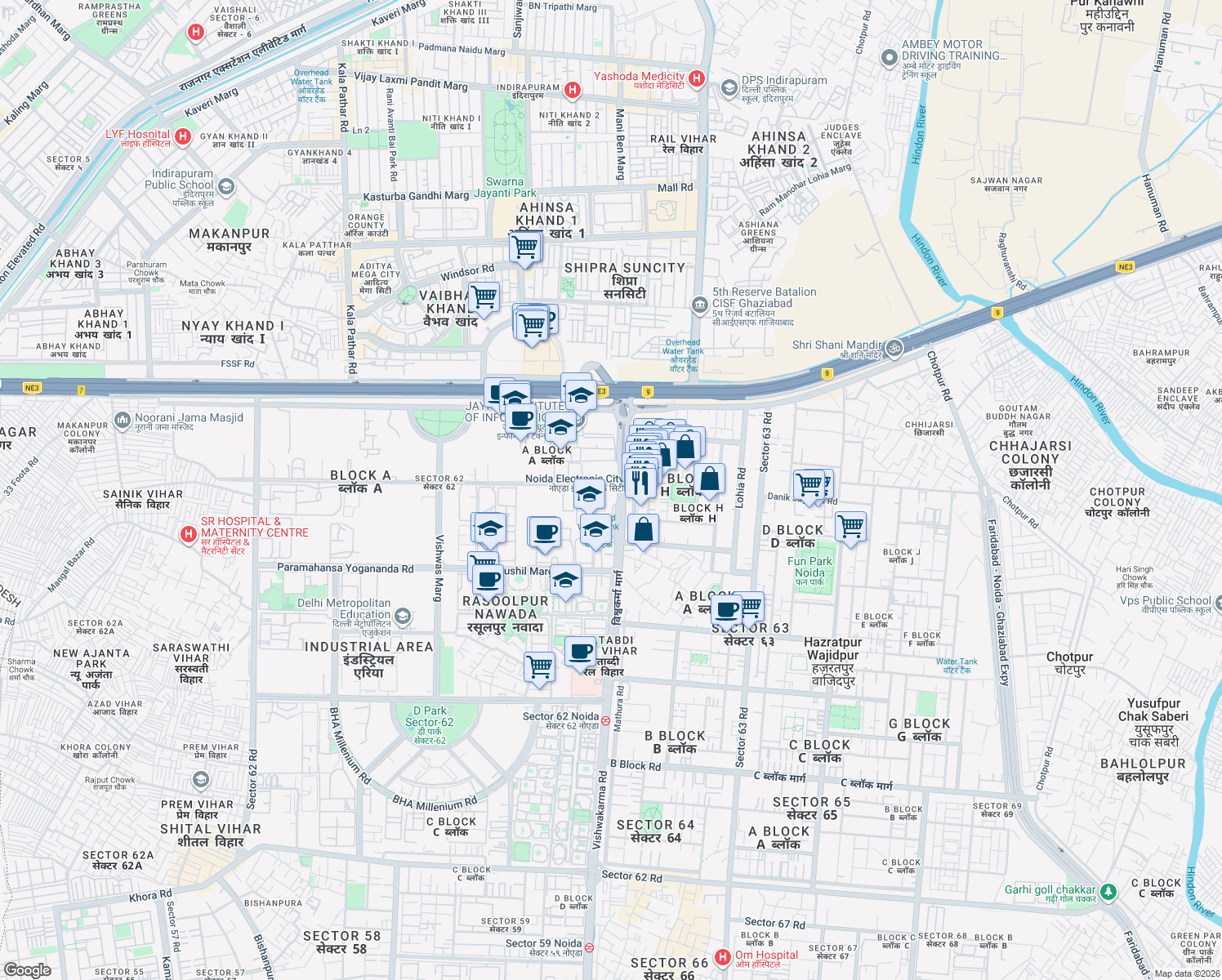 map of restaurants, bars, coffee shops, grocery stores, and more near in Noida