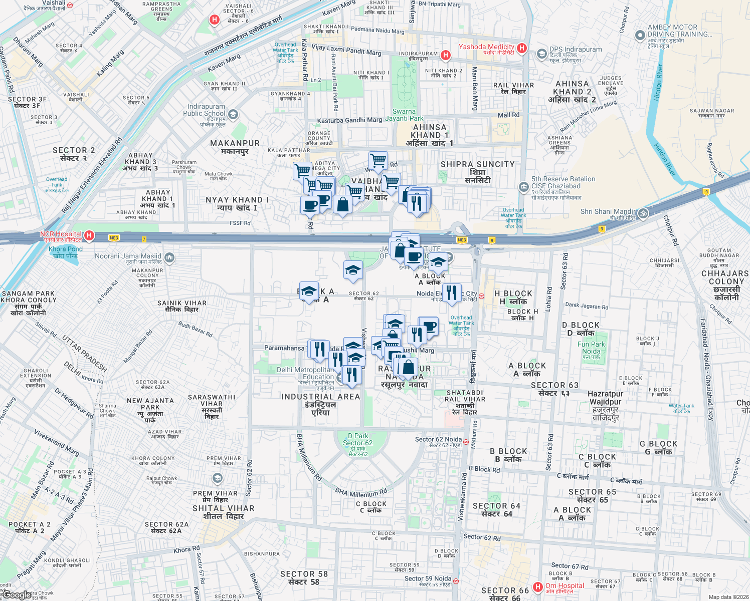 map of restaurants, bars, coffee shops, grocery stores, and more near in Noida