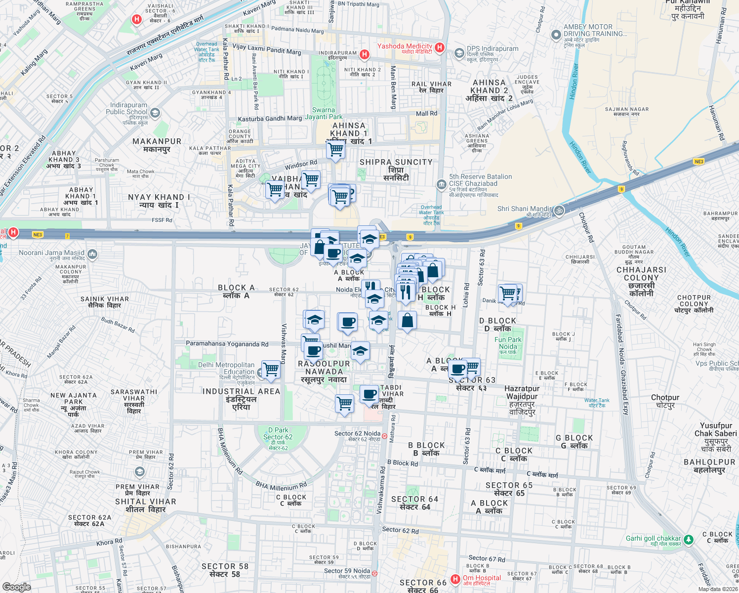 map of restaurants, bars, coffee shops, grocery stores, and more near in Noida