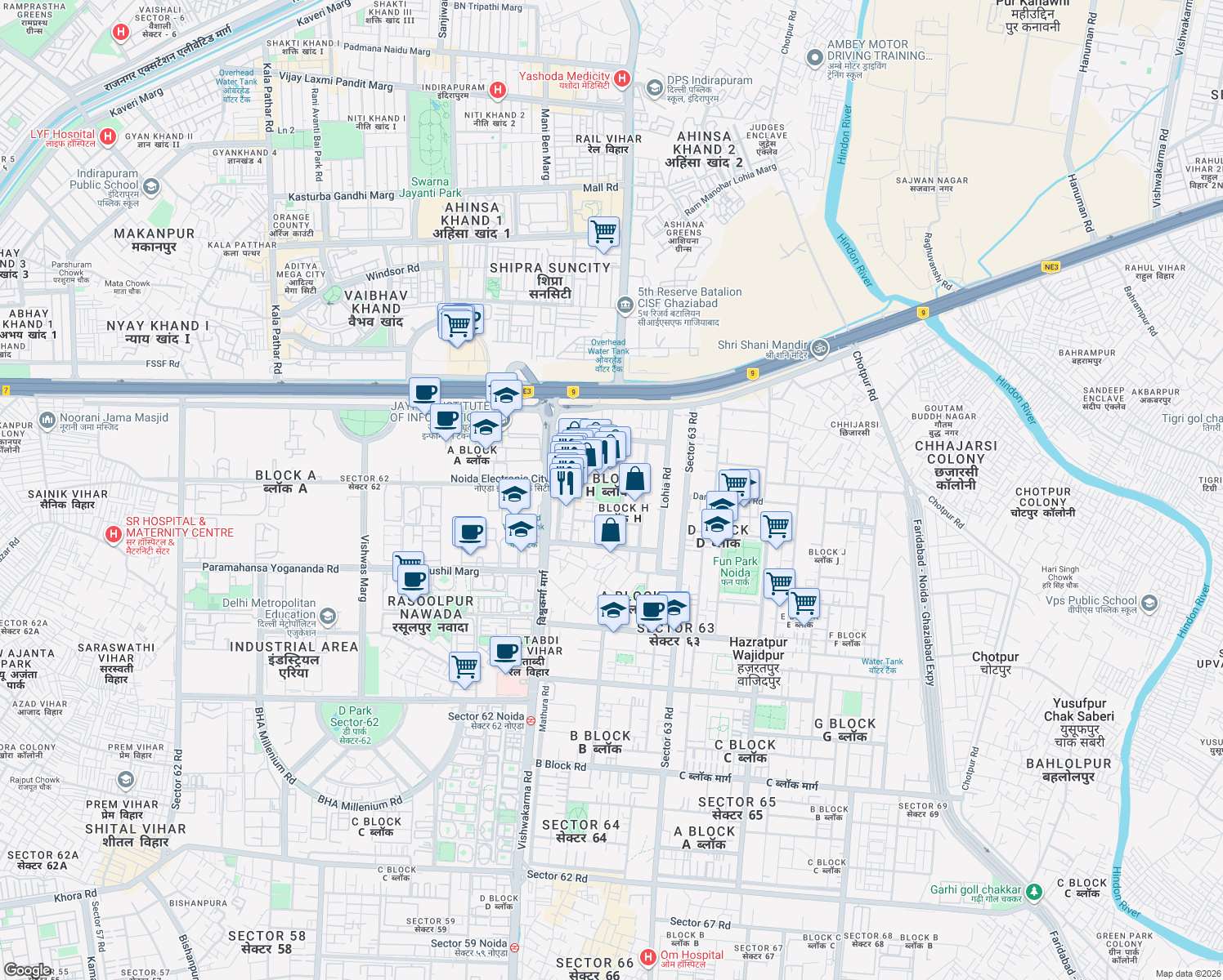 map of restaurants, bars, coffee shops, grocery stores, and more near Unnamed Road in Noida