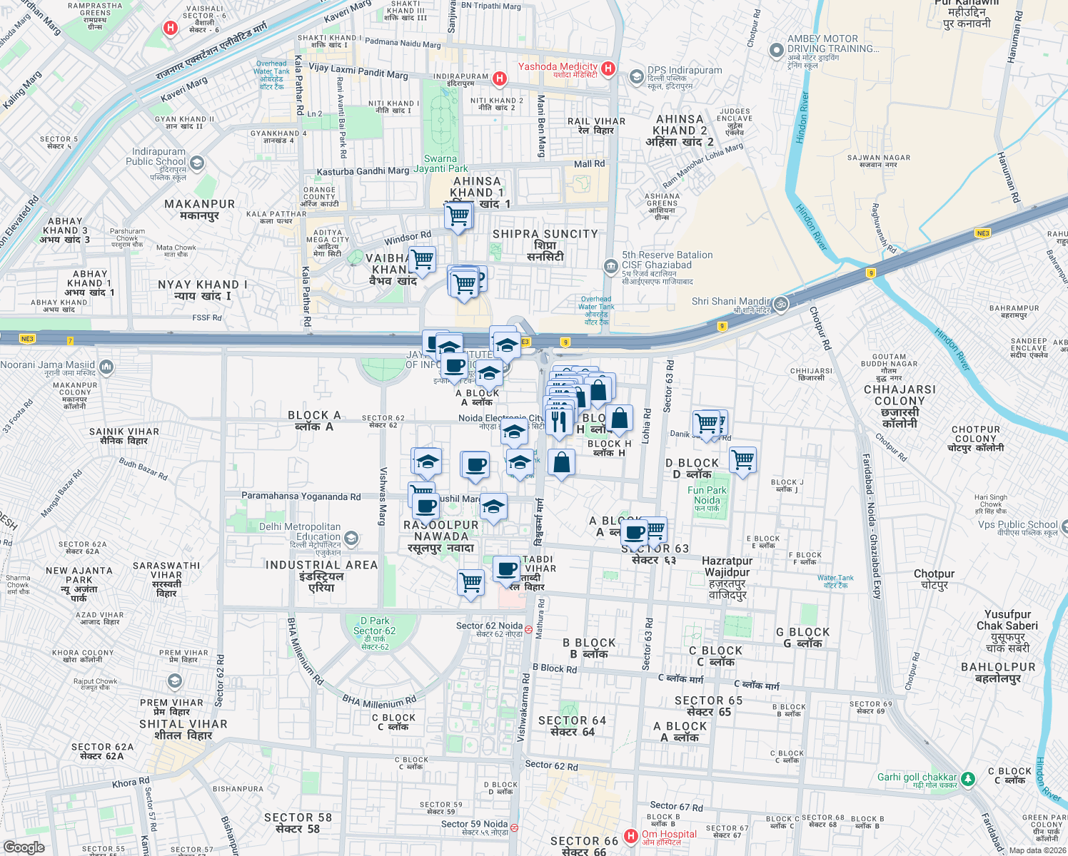 map of restaurants, bars, coffee shops, grocery stores, and more near in Noida