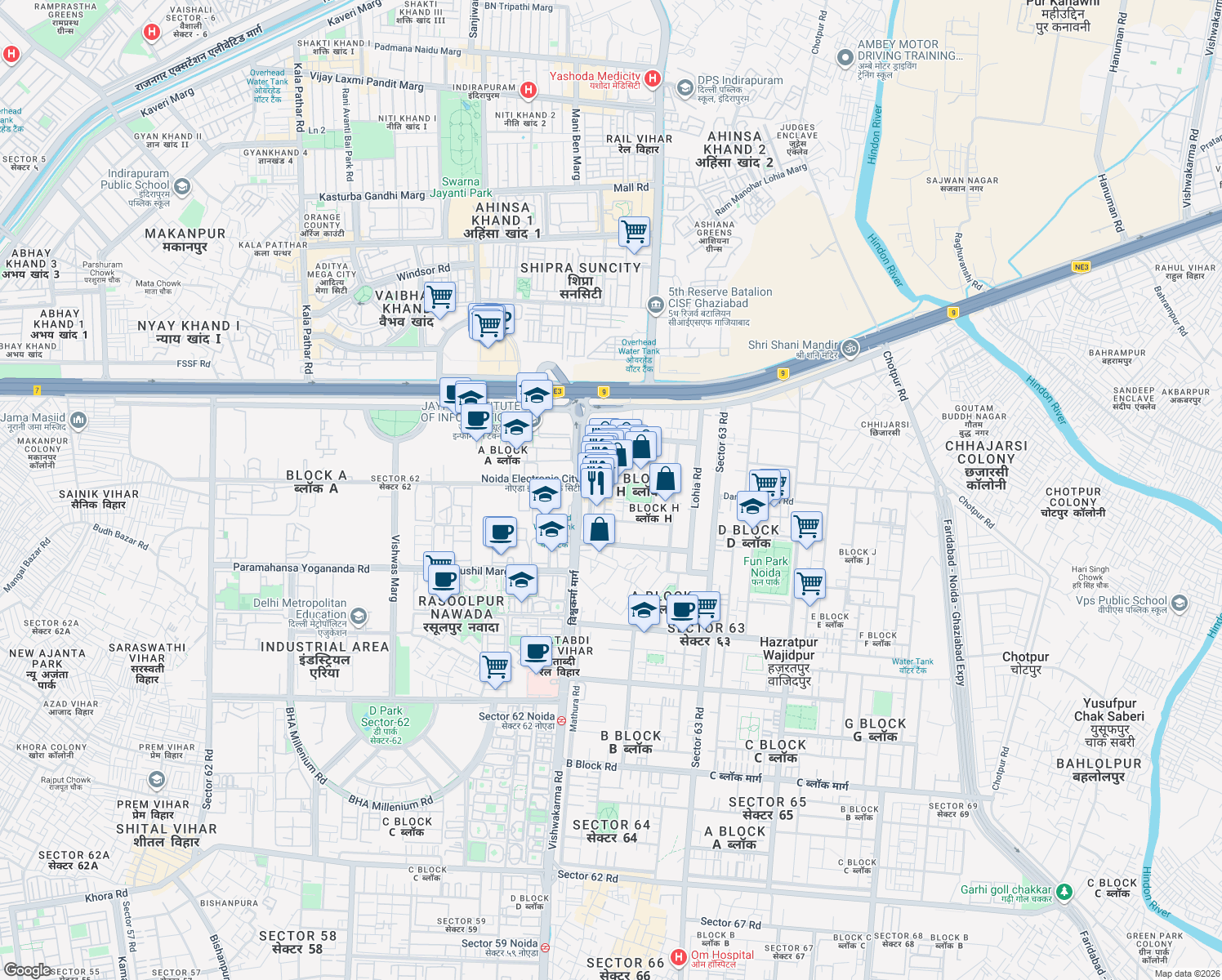 map of restaurants, bars, coffee shops, grocery stores, and more near in Noida