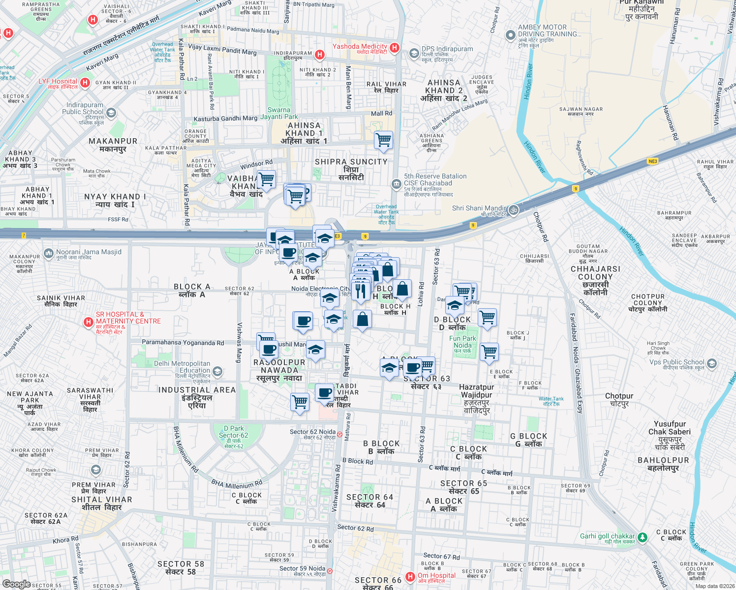 map of restaurants, bars, coffee shops, grocery stores, and more near in Noida