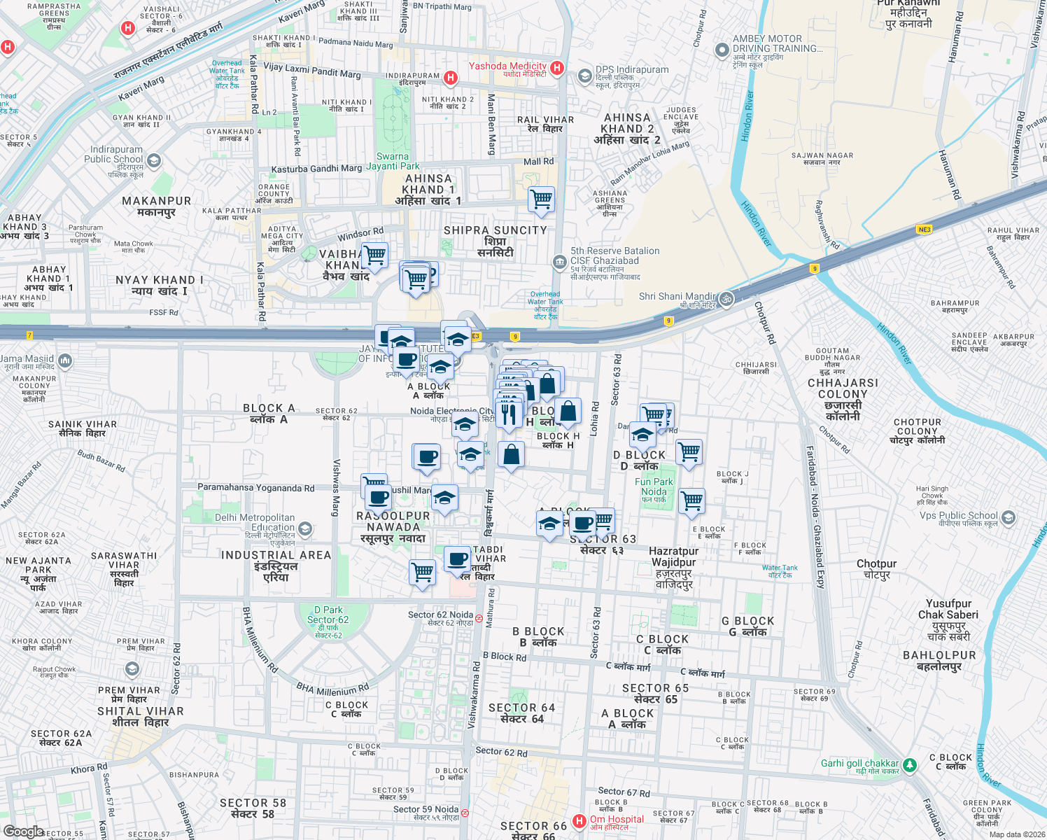 map of restaurants, bars, coffee shops, grocery stores, and more near in Noida