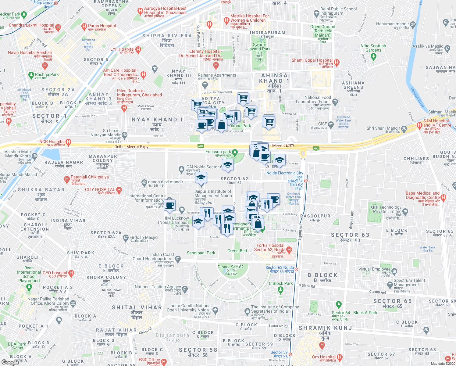map of restaurants, bars, coffee shops, grocery stores, and more near in Noida