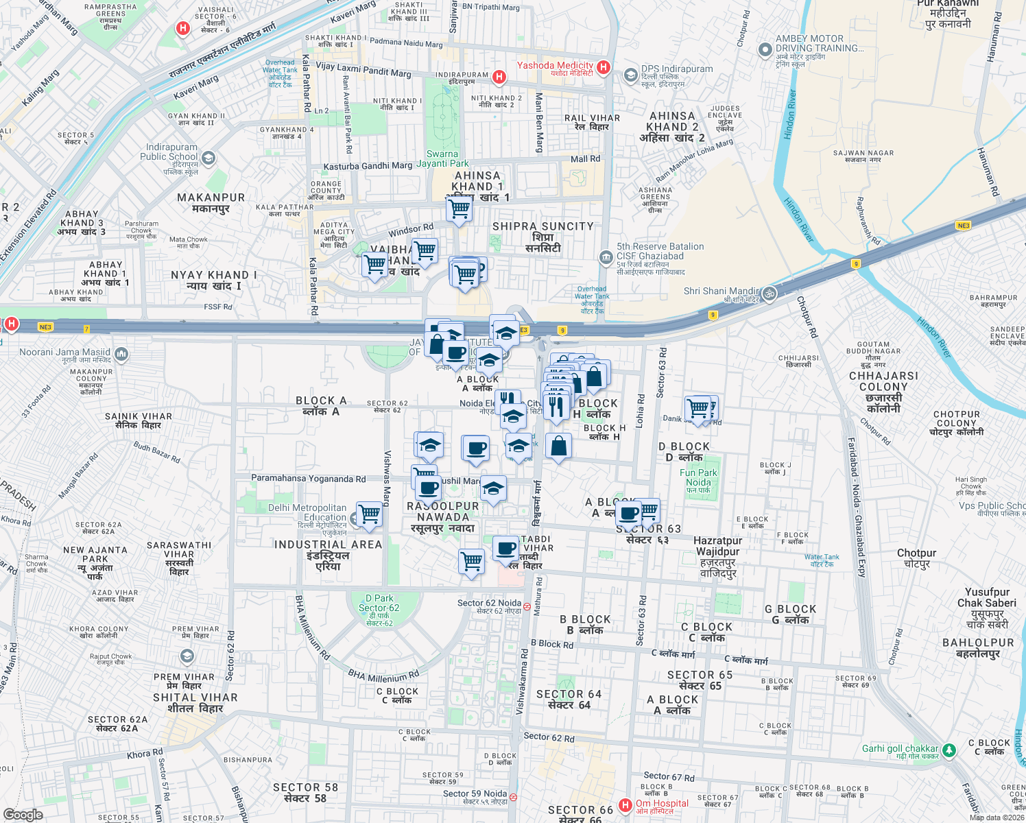 map of restaurants, bars, coffee shops, grocery stores, and more near in Noida