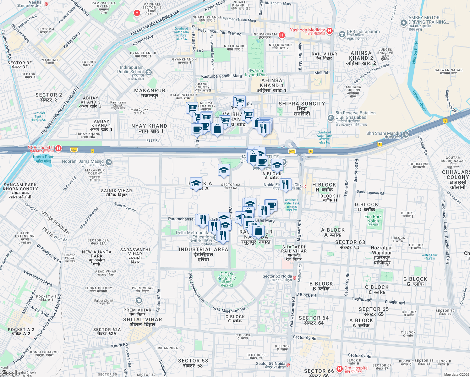 map of restaurants, bars, coffee shops, grocery stores, and more near in Noida