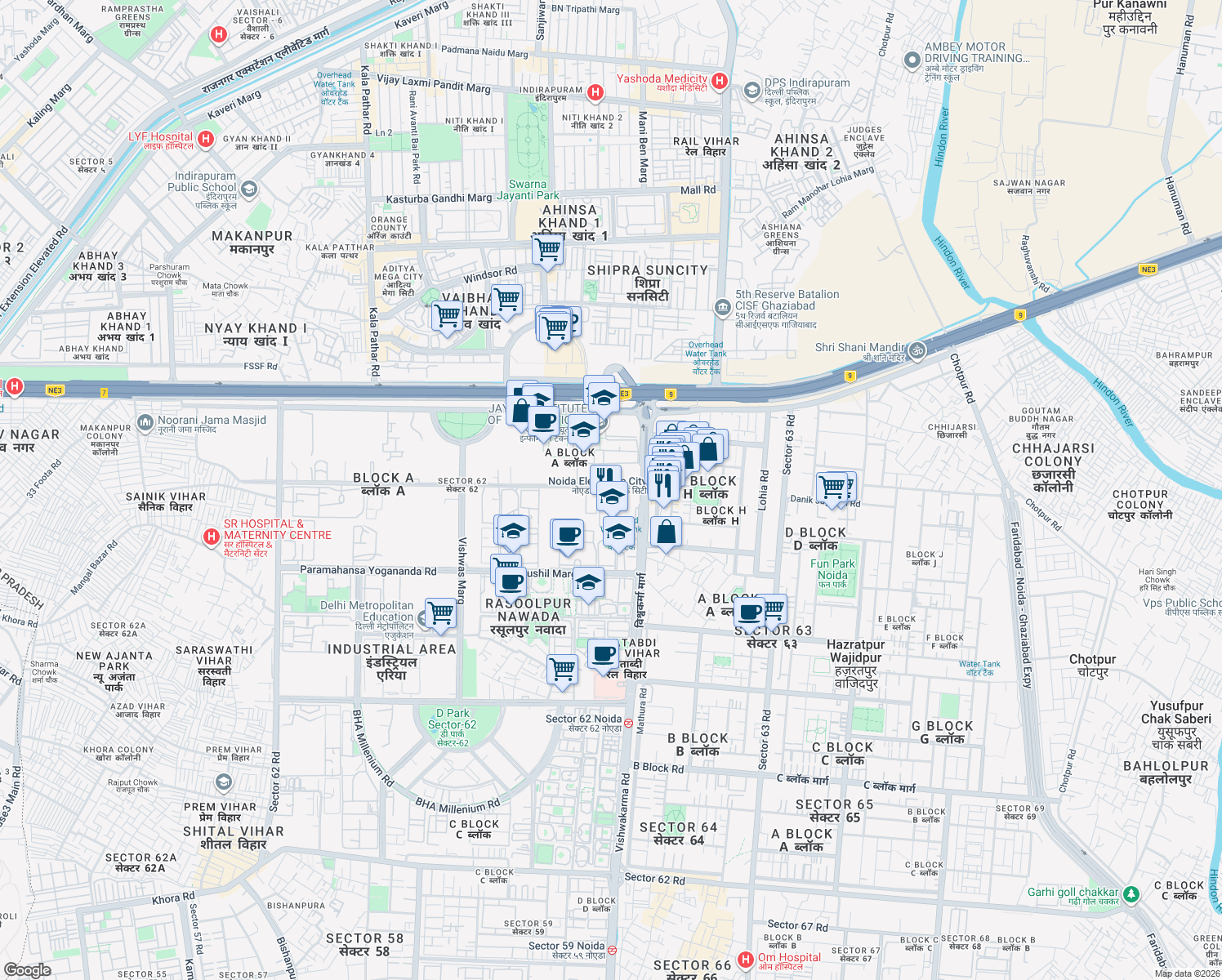 map of restaurants, bars, coffee shops, grocery stores, and more near in Noida