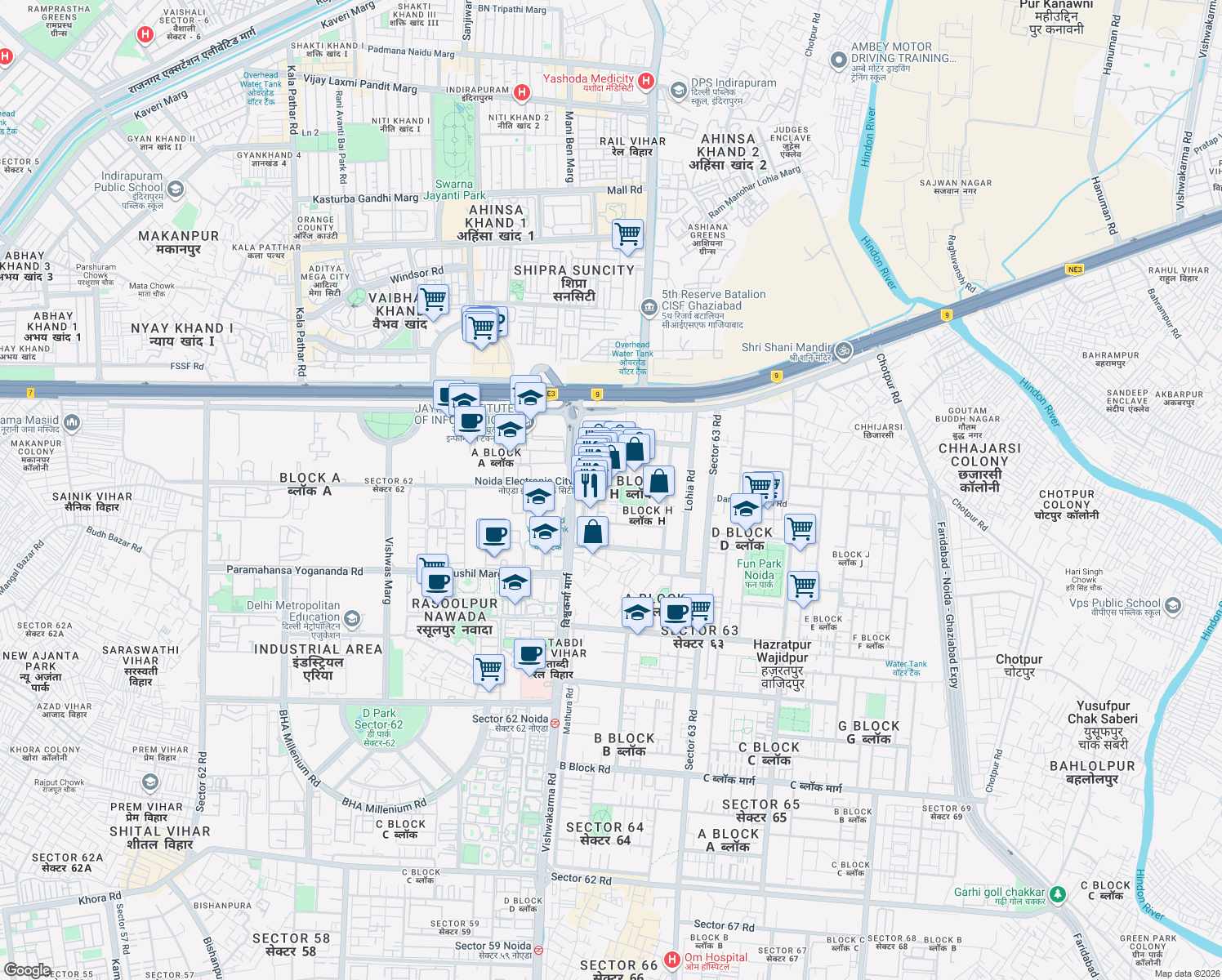 map of restaurants, bars, coffee shops, grocery stores, and more near in Noida
