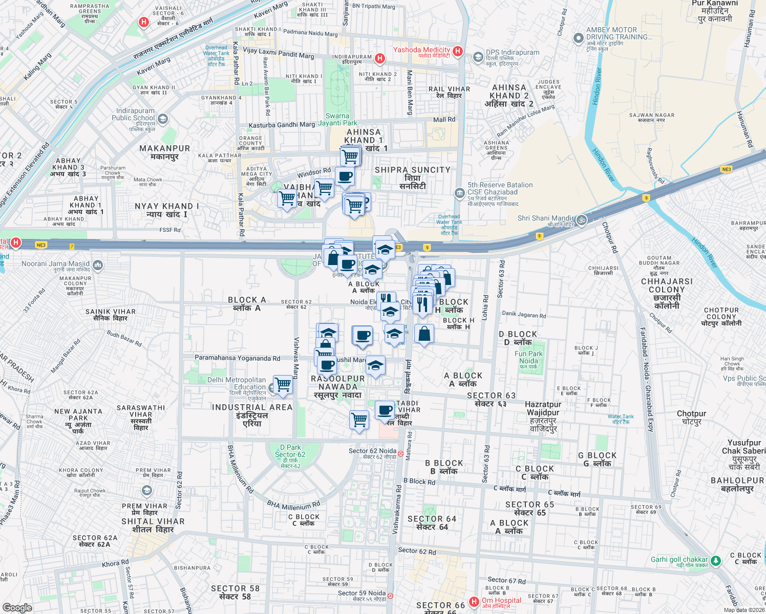 map of restaurants, bars, coffee shops, grocery stores, and more near in Noida