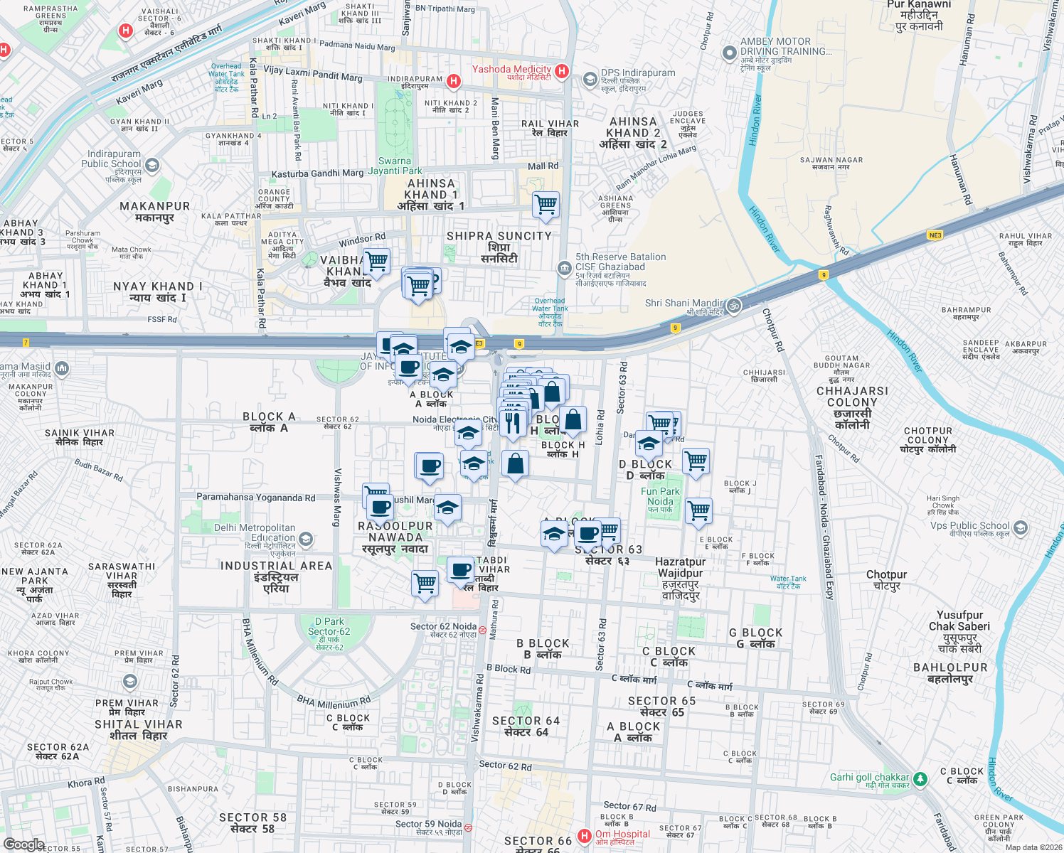 map of restaurants, bars, coffee shops, grocery stores, and more near in Noida