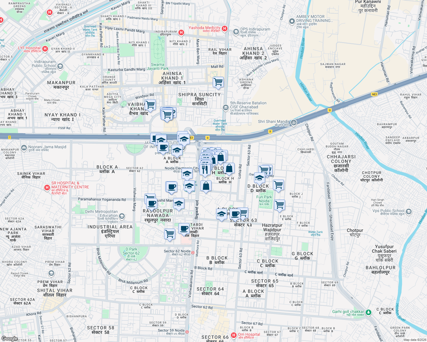 map of restaurants, bars, coffee shops, grocery stores, and more near in Noida