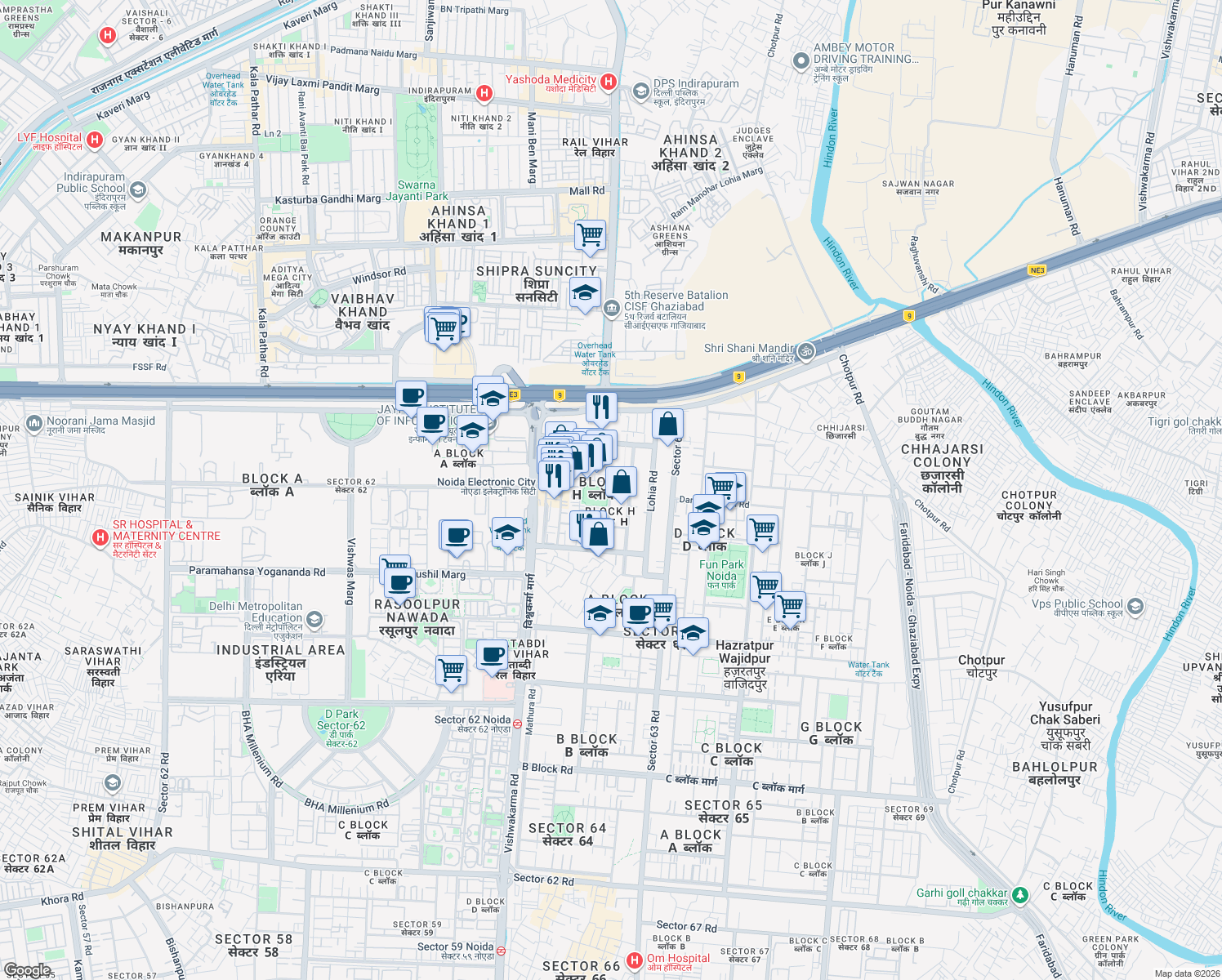 map of restaurants, bars, coffee shops, grocery stores, and more near in Noida