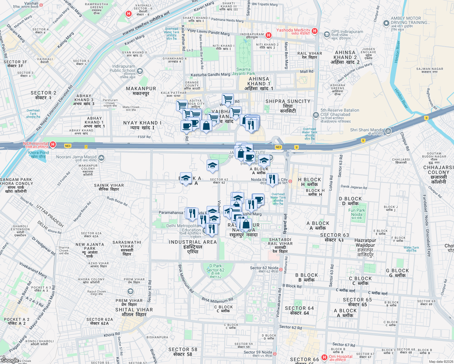 map of restaurants, bars, coffee shops, grocery stores, and more near in Noida
