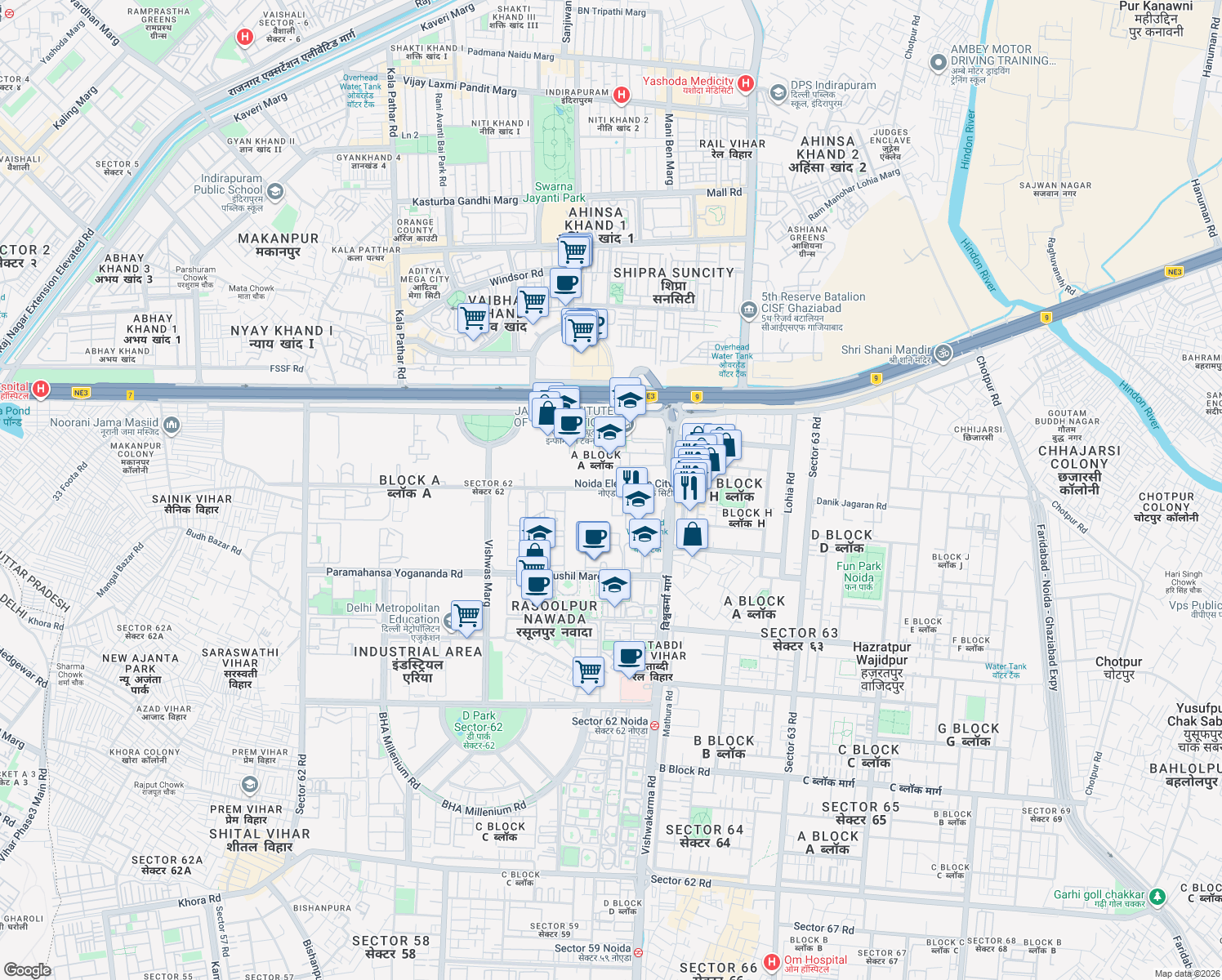 map of restaurants, bars, coffee shops, grocery stores, and more near in Noida