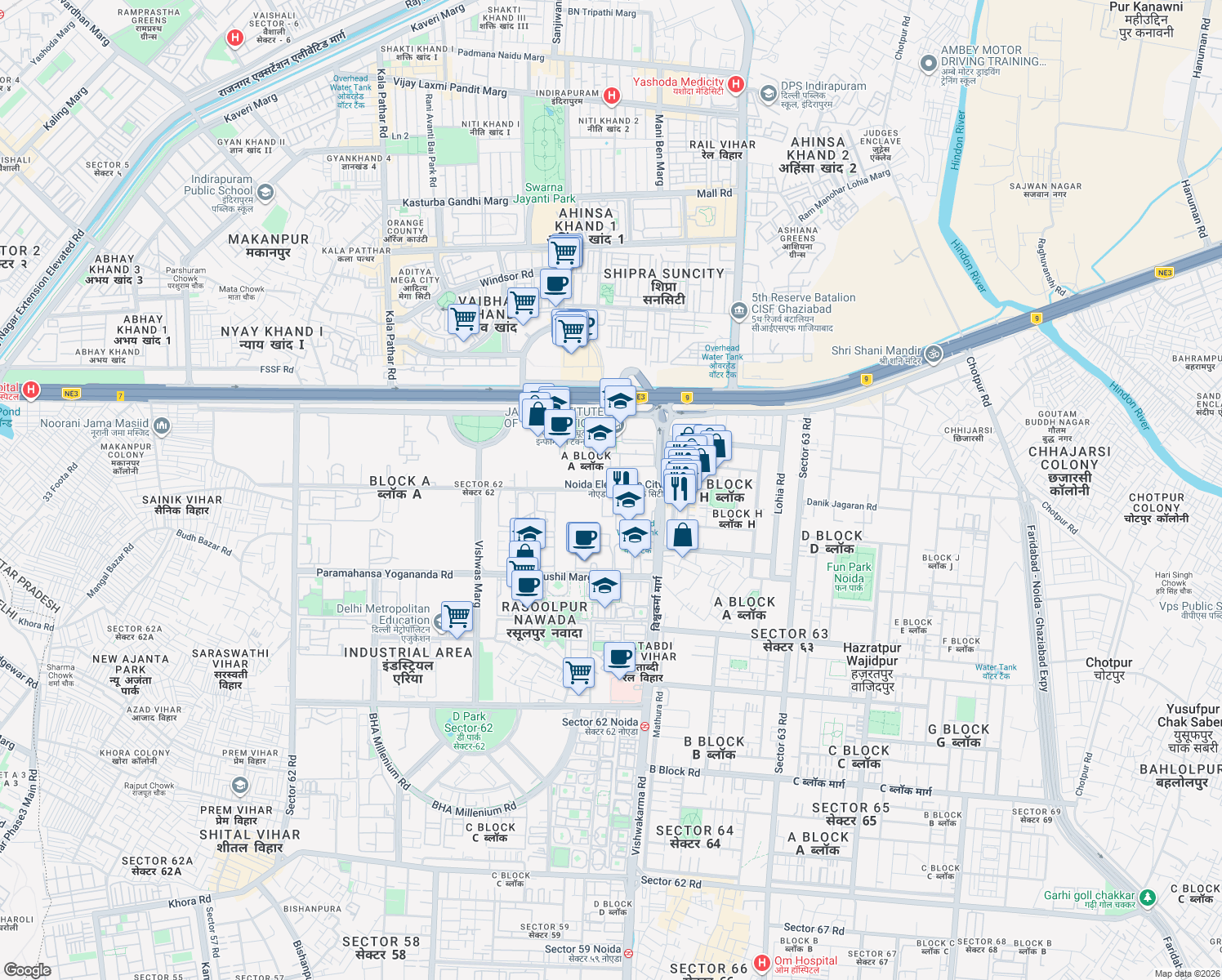 map of restaurants, bars, coffee shops, grocery stores, and more near in Noida