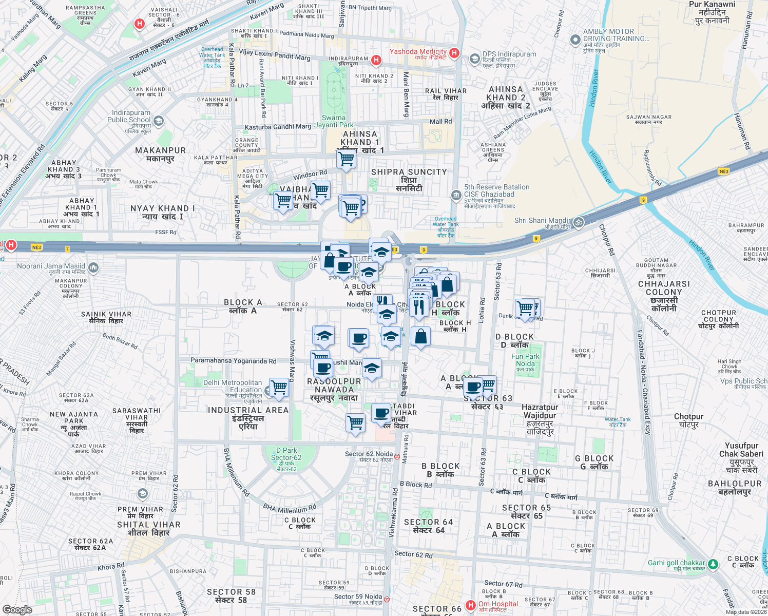 map of restaurants, bars, coffee shops, grocery stores, and more near in Noida