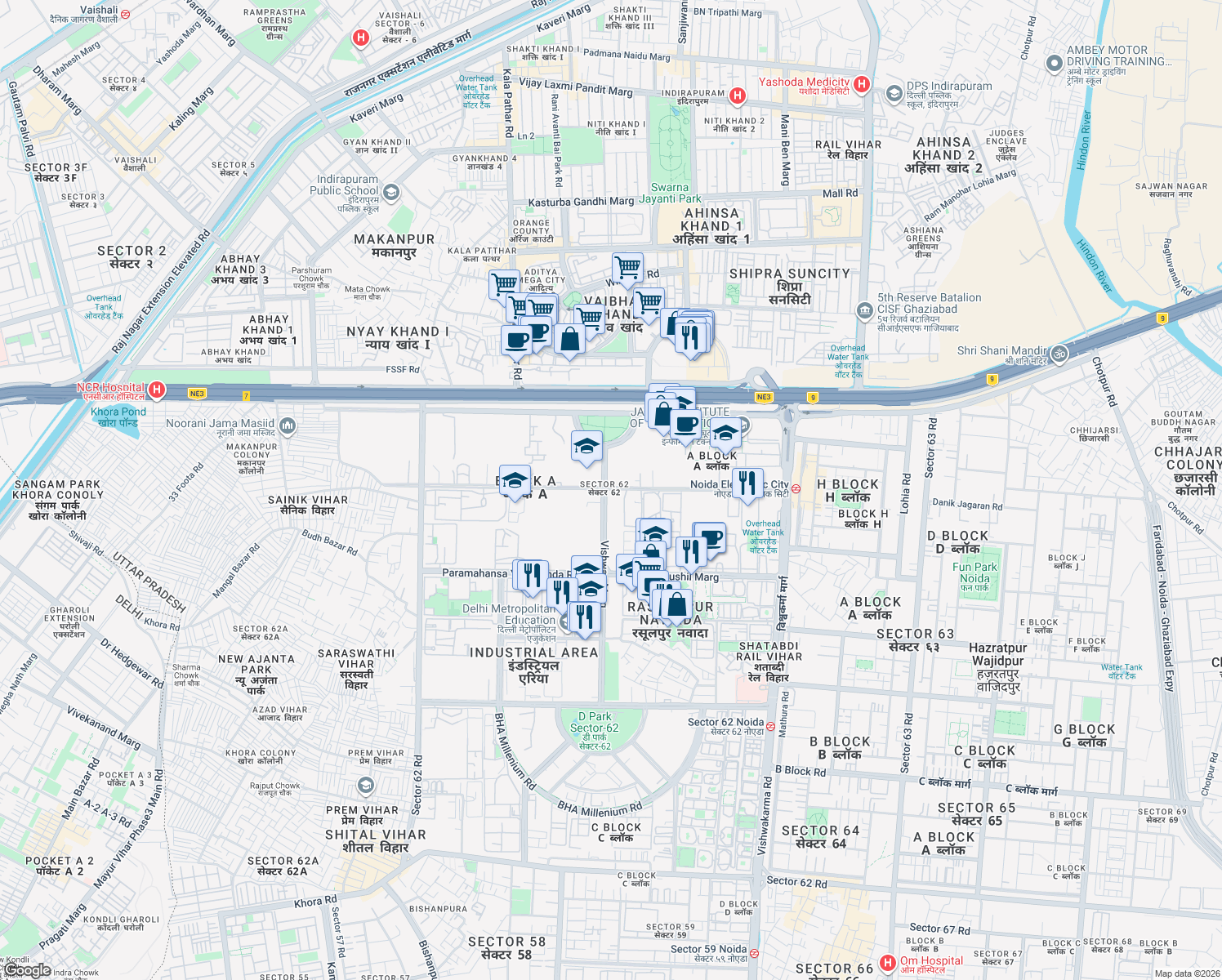 map of restaurants, bars, coffee shops, grocery stores, and more near in Noida