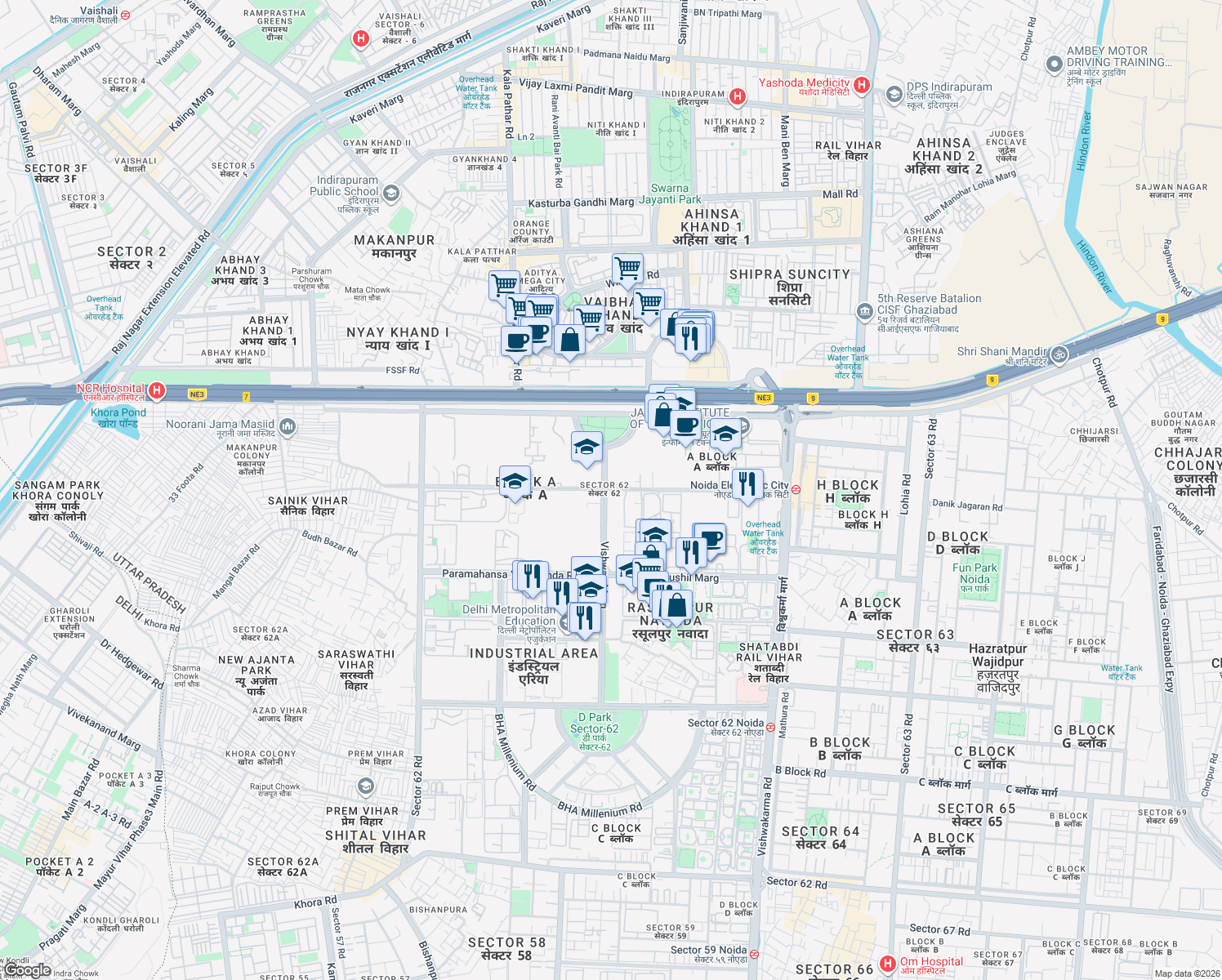 map of restaurants, bars, coffee shops, grocery stores, and more near in Noida