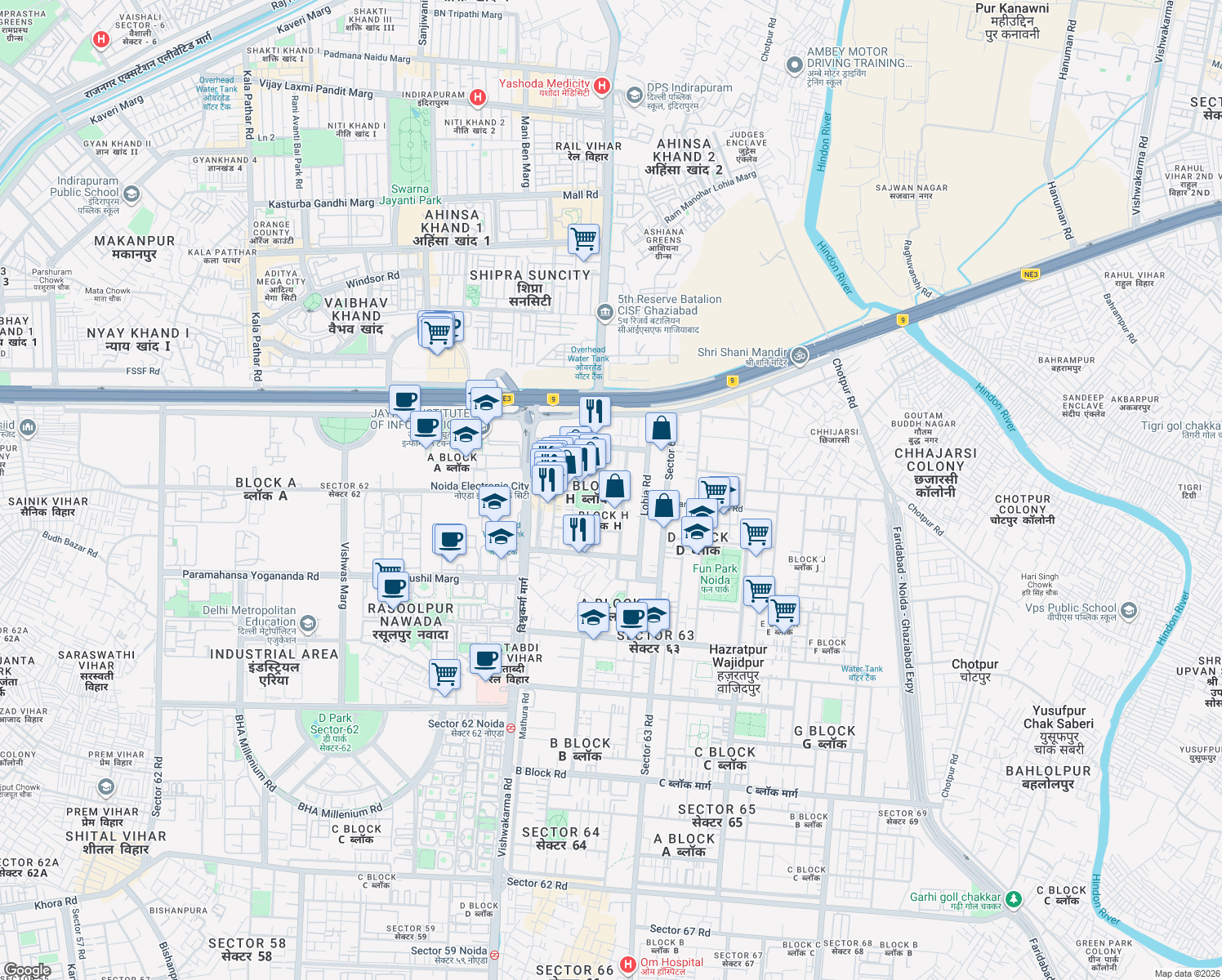 map of restaurants, bars, coffee shops, grocery stores, and more near in Noida