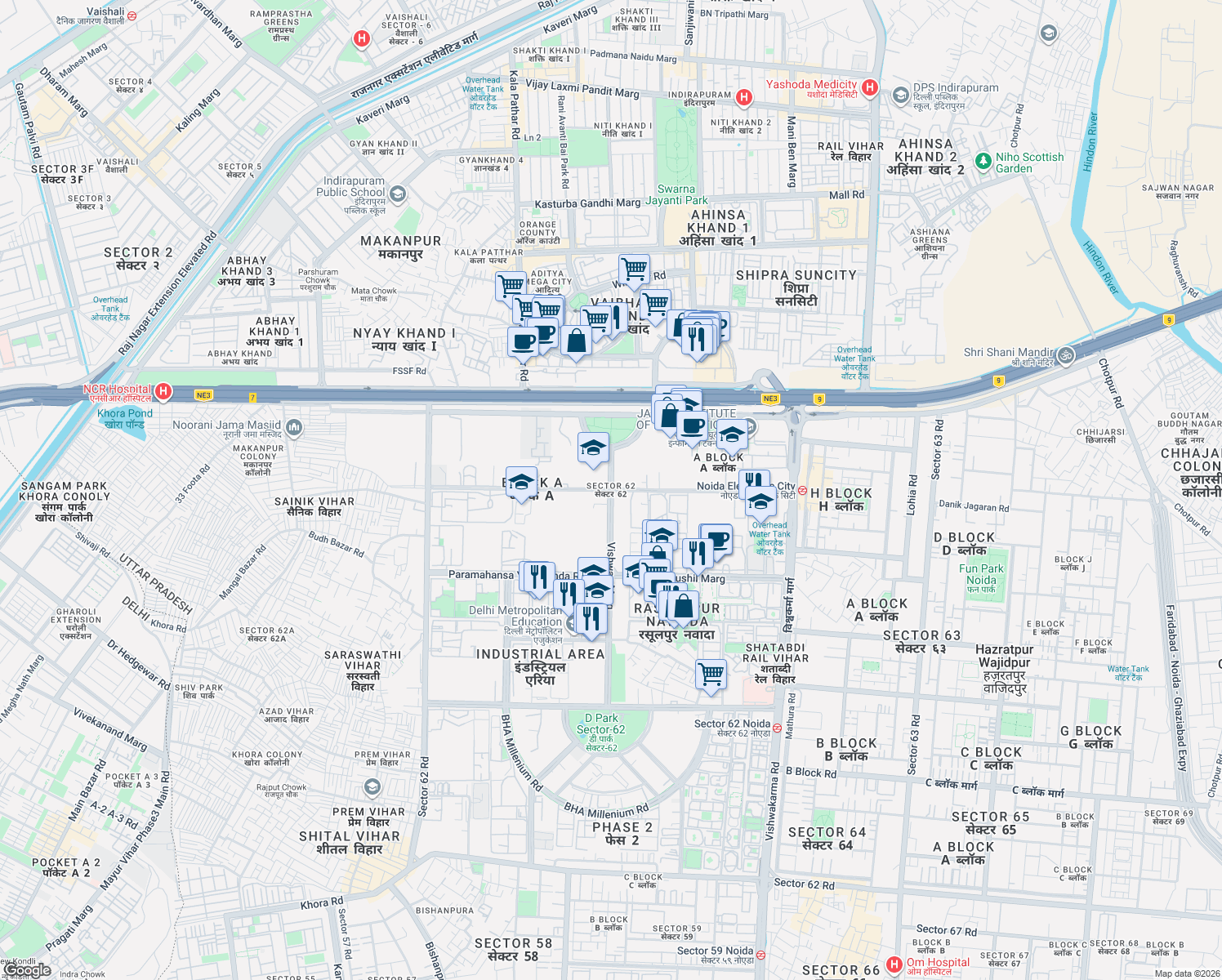 map of restaurants, bars, coffee shops, grocery stores, and more near in Noida