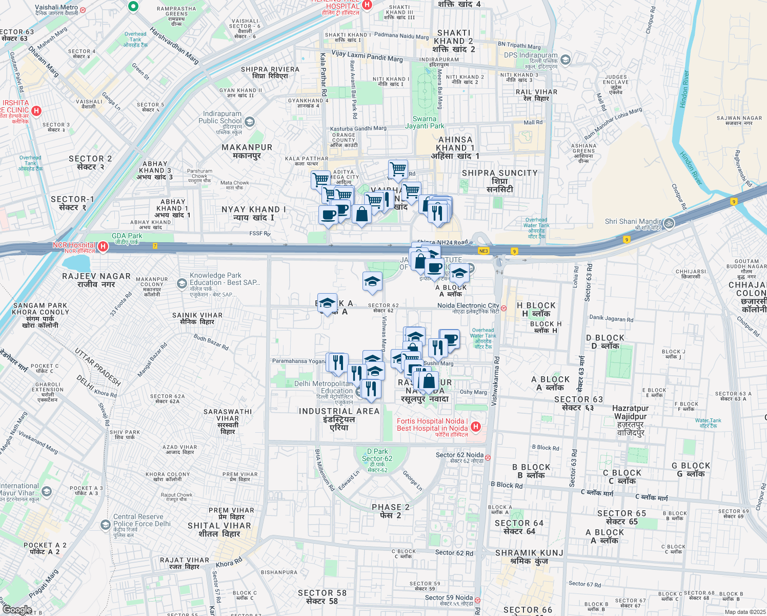 map of restaurants, bars, coffee shops, grocery stores, and more near in Noida