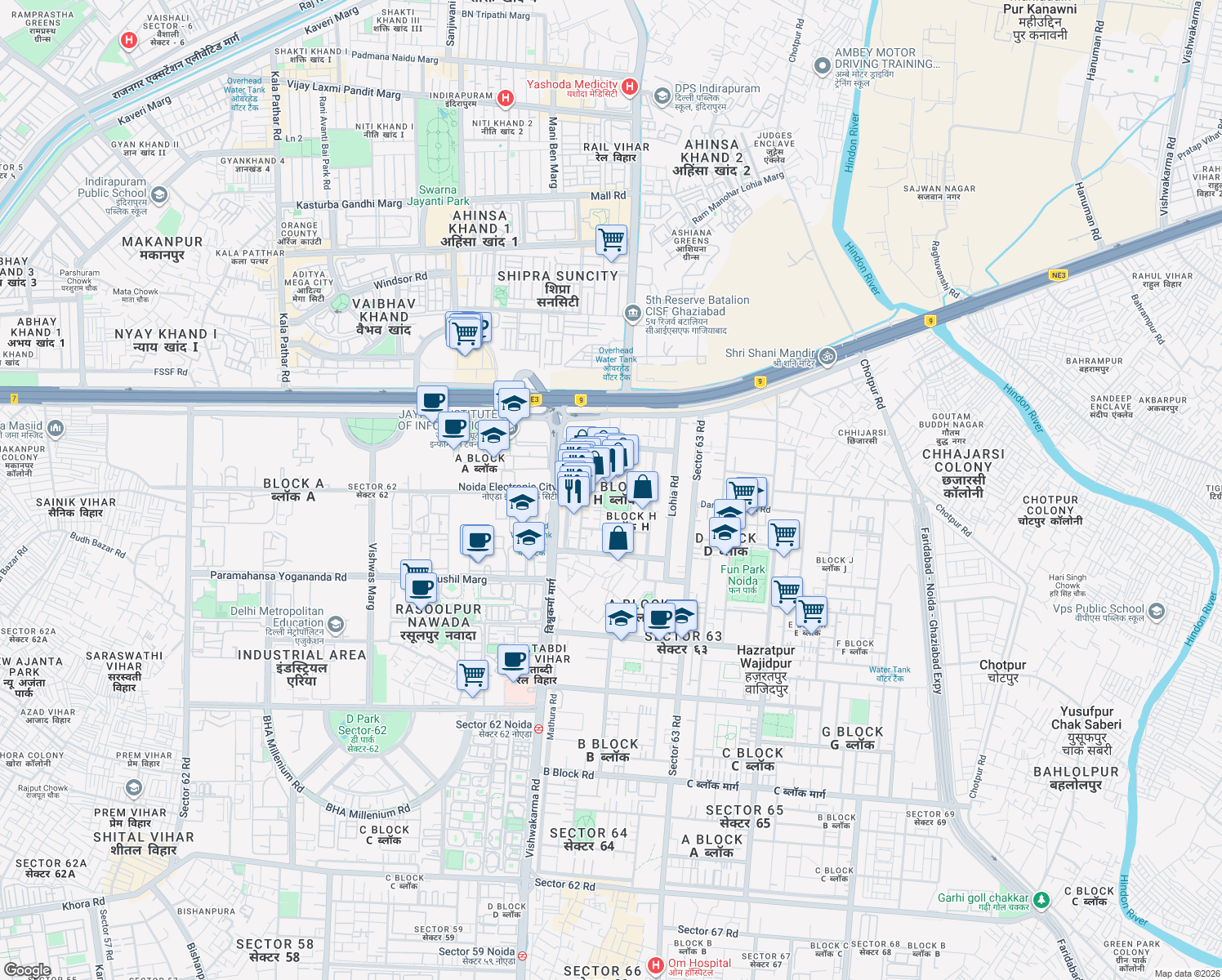 map of restaurants, bars, coffee shops, grocery stores, and more near Unnamed Road in Noida