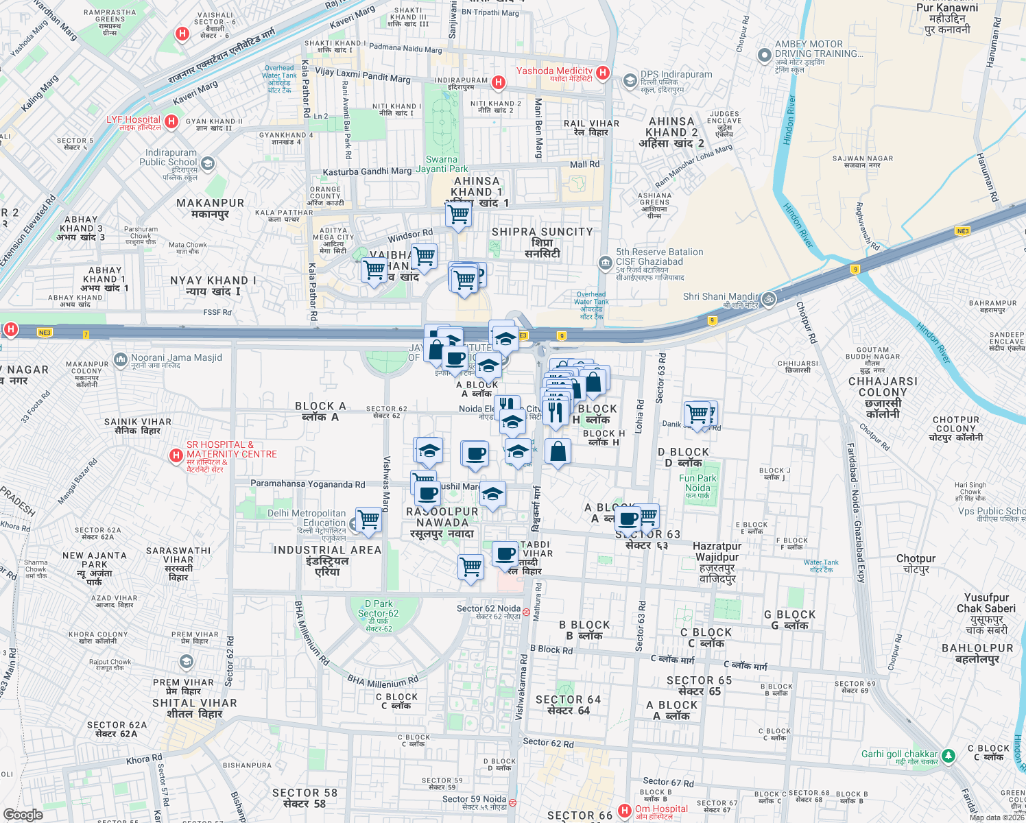 map of restaurants, bars, coffee shops, grocery stores, and more near in Noida