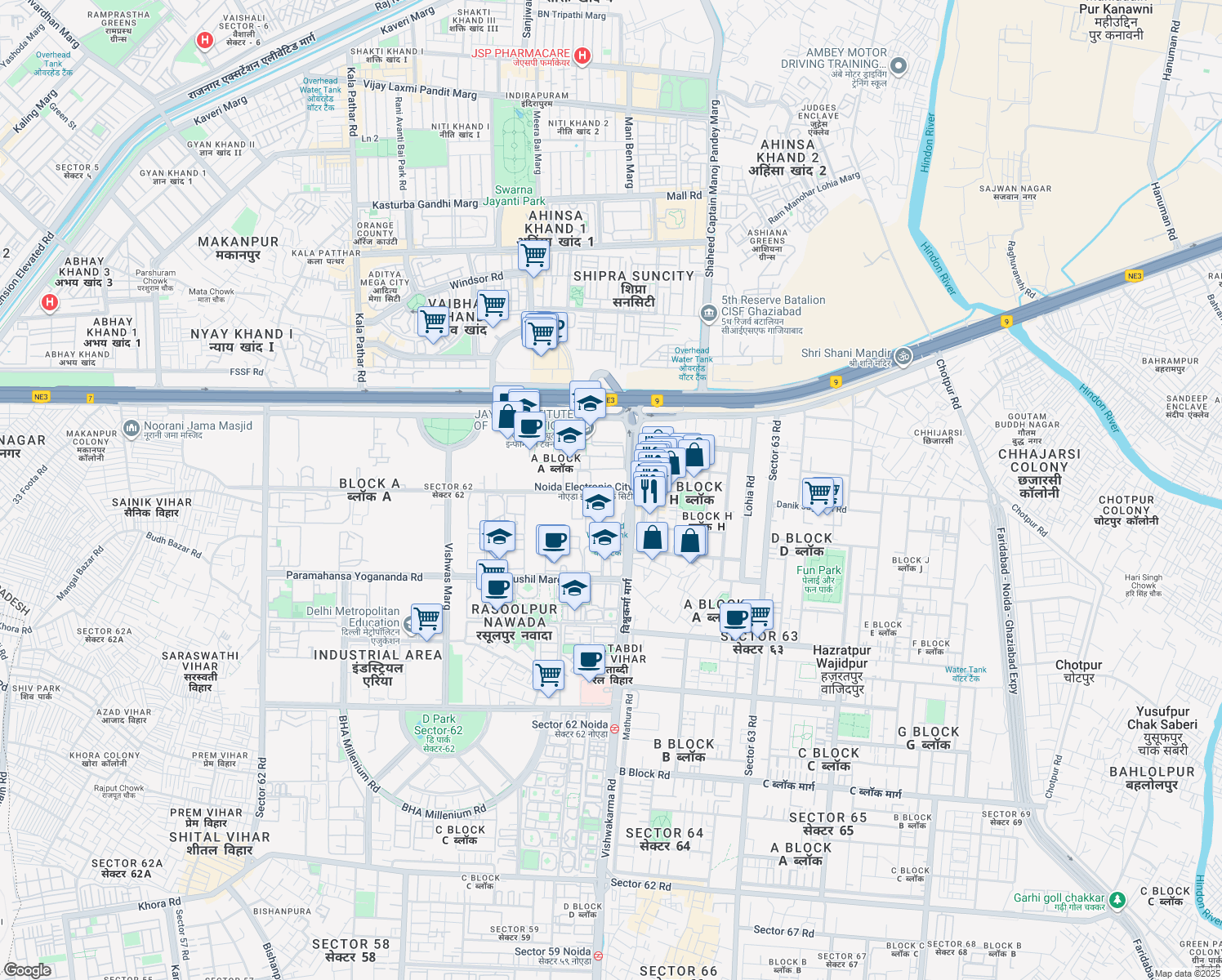 map of restaurants, bars, coffee shops, grocery stores, and more near in Noida