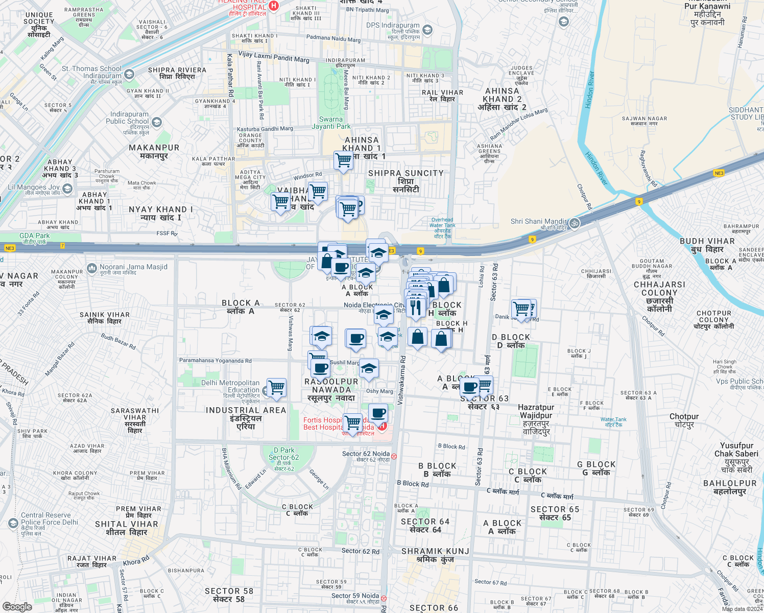 map of restaurants, bars, coffee shops, grocery stores, and more near in Noida