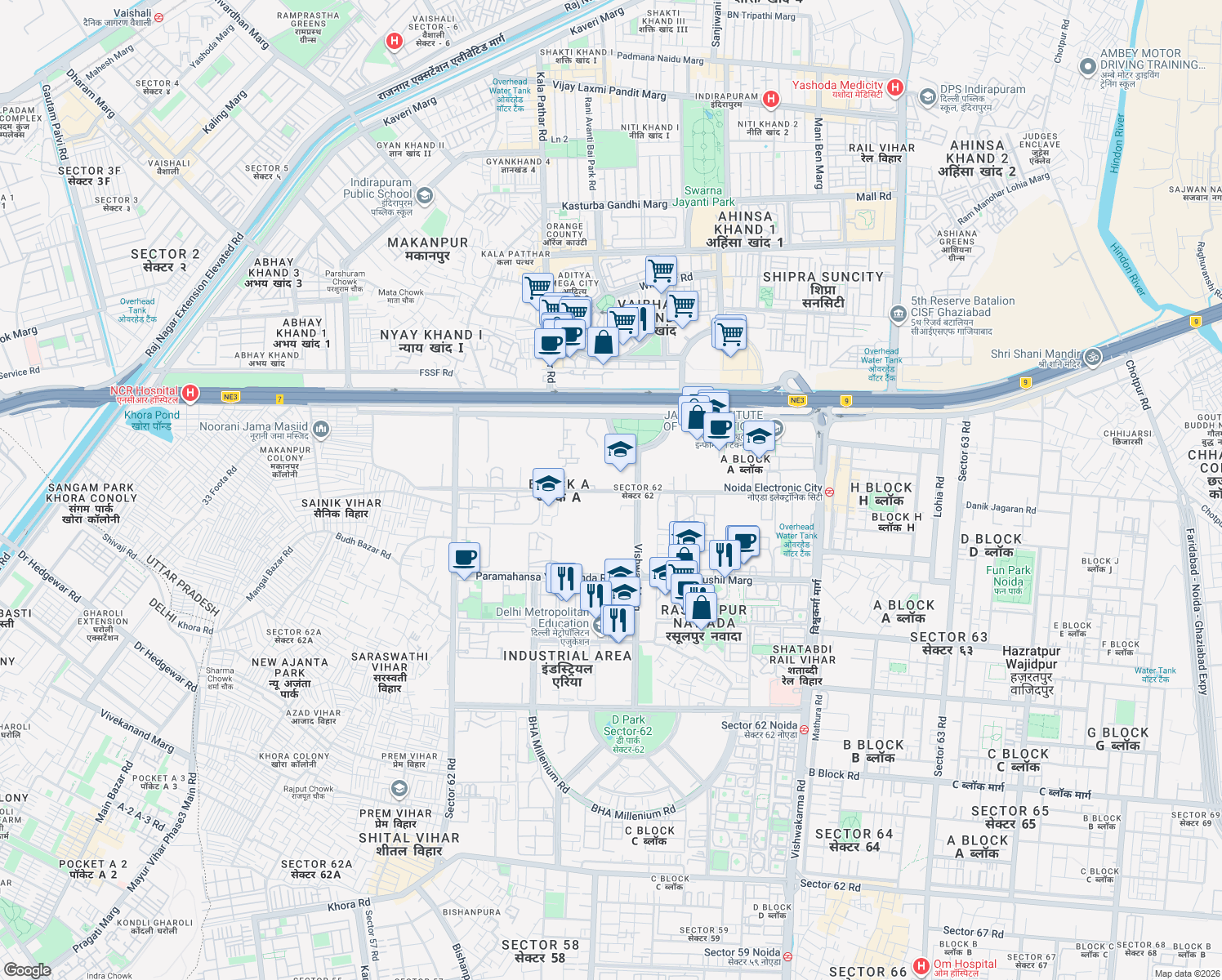 map of restaurants, bars, coffee shops, grocery stores, and more near Rani Ramgarh Road in Noida