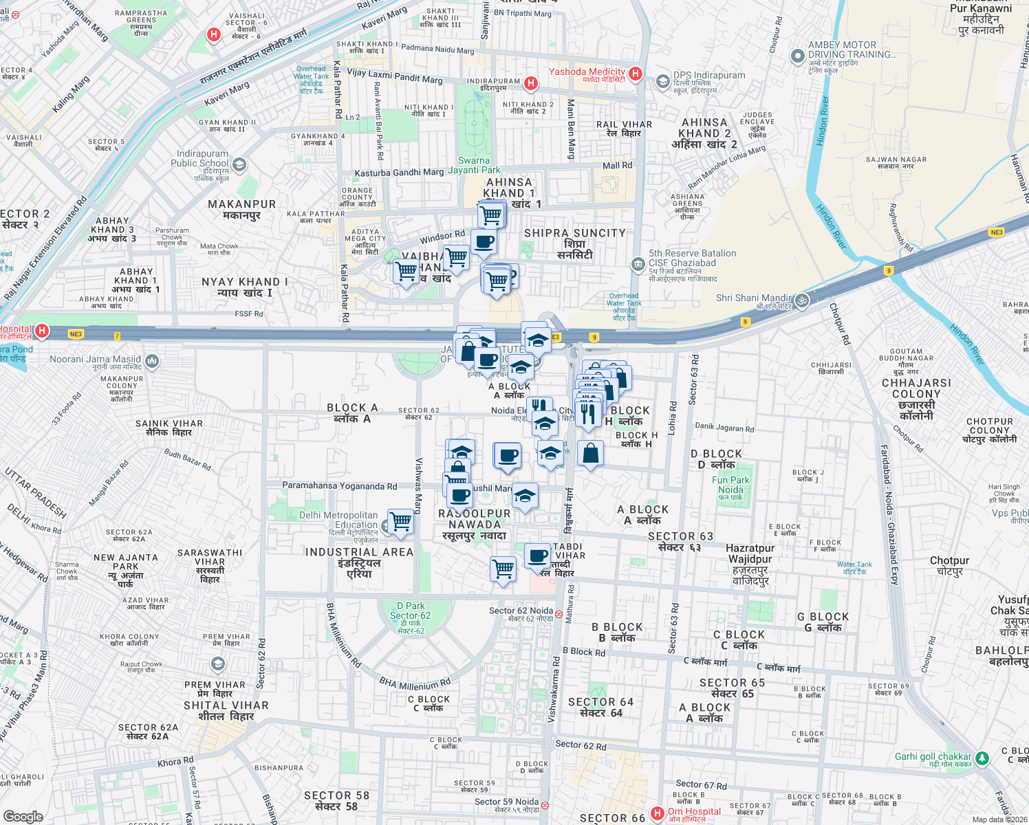 map of restaurants, bars, coffee shops, grocery stores, and more near in Noida